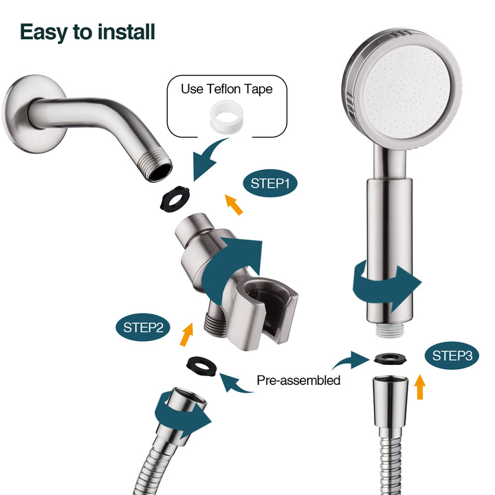 High Pressure Handheld Shower Head Kit, Handheld Shower with 60 Inch Hose and Bracket - 