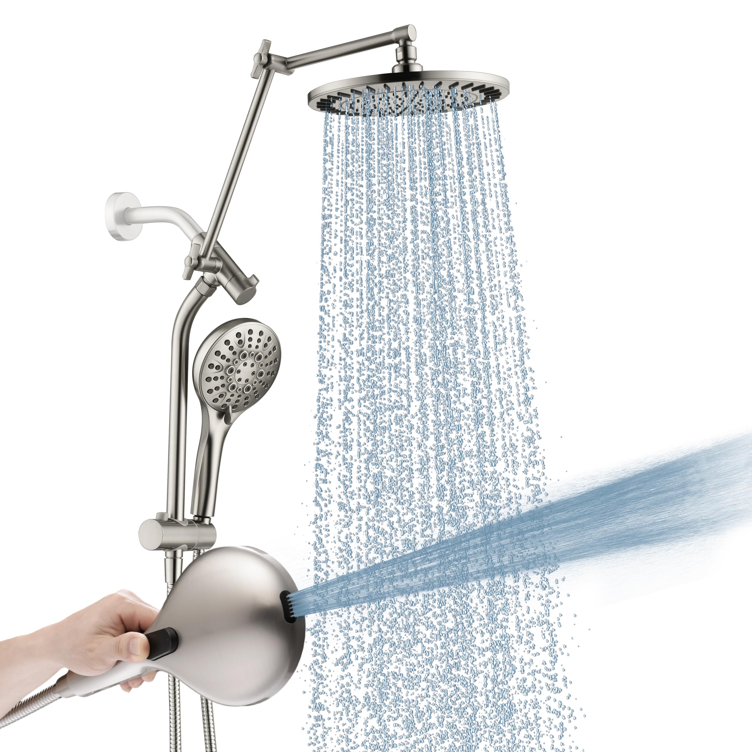 BRIGHT SHOWERS Rain Shower Head with Handheld Spray, High Pressure Dual Shower Head Combo, Adjustable Extension Arm & Slide Bar, 9 Spray Modes Built-in Power Wash, 3-Way Diverter, 69