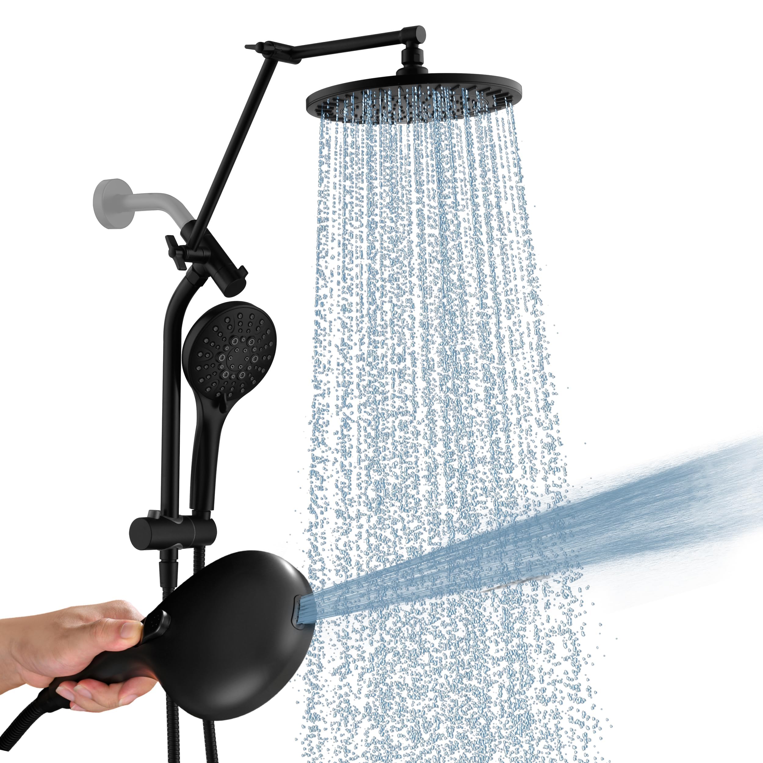BRIGHT SHOWERS Rain Shower Head with Handheld Spray, High Pressure Dual Shower Head Combo, Adjustable Extension Arm & Slide Bar, 9 Spray Modes Built-in Power Wash, 3-Way Diverter, 69