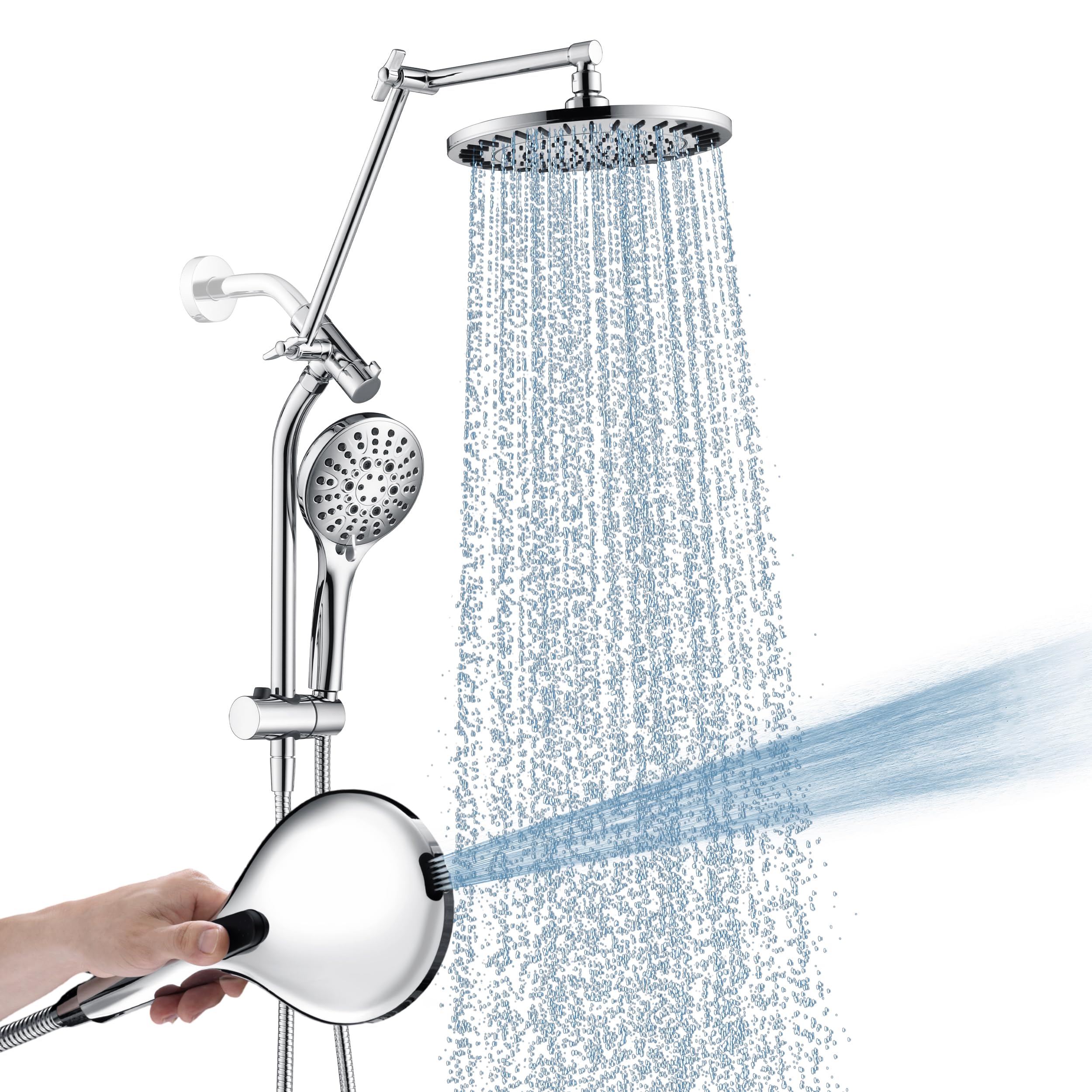 BRIGHT SHOWERS Rain Shower Head with Handheld Spray, High Pressure Dual Shower Head Combo, Adjustable Extension Arm & Slide Bar, 9 Spray Modes Built-in Power Wash, 3-Way Diverter, 69