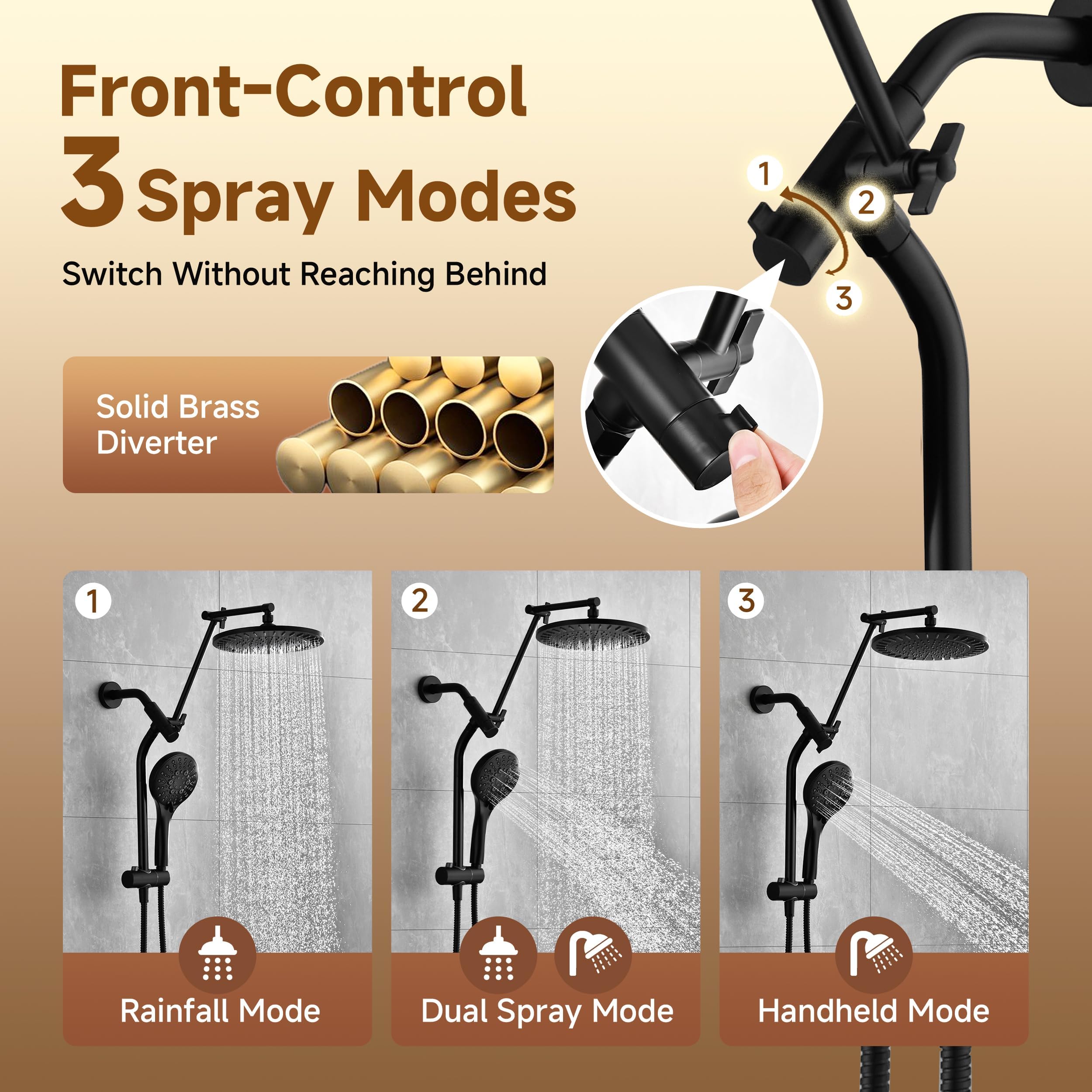 BRIGHT SHOWERS Rain Shower Head with Handheld Spray, High Pressure Dual Shower Head Combo, Adjustable Extension Arm & Slide Bar, 9 Spray Modes Built-in Power Wash, 3-Way Diverter, 69