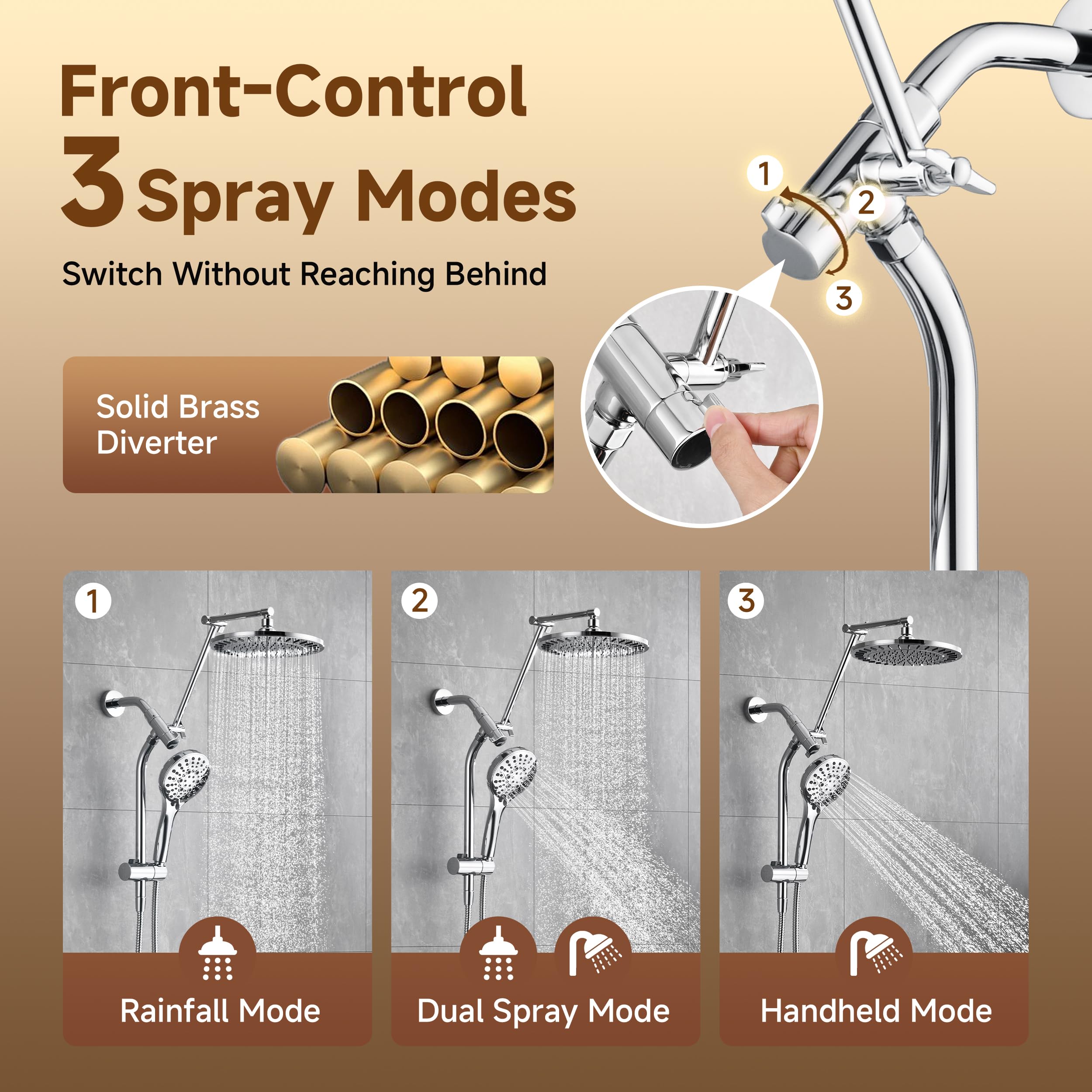 BRIGHT SHOWERS Rain Shower Head with Handheld Spray, High Pressure Dual Shower Head Combo, Adjustable Extension Arm & Slide Bar, 9 Spray Modes Built-in Power Wash, 3-Way Diverter, 69