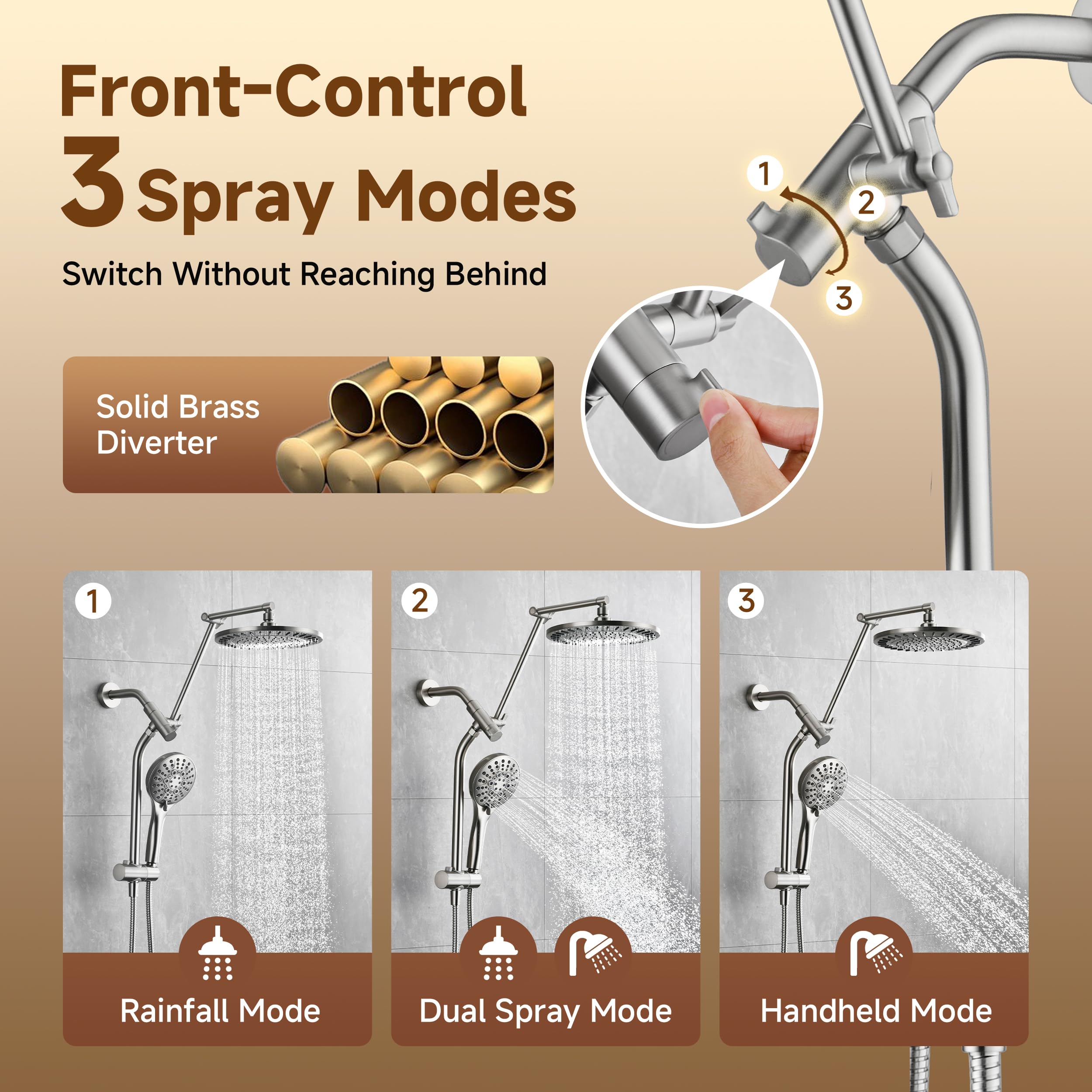 BRIGHT SHOWERS Rain Shower Head with Handheld Spray, High Pressure Dual Shower Head Combo, Adjustable Extension Arm & Slide Bar, 9 Spray Modes Built-in Power Wash, 3-Way Diverter, 69