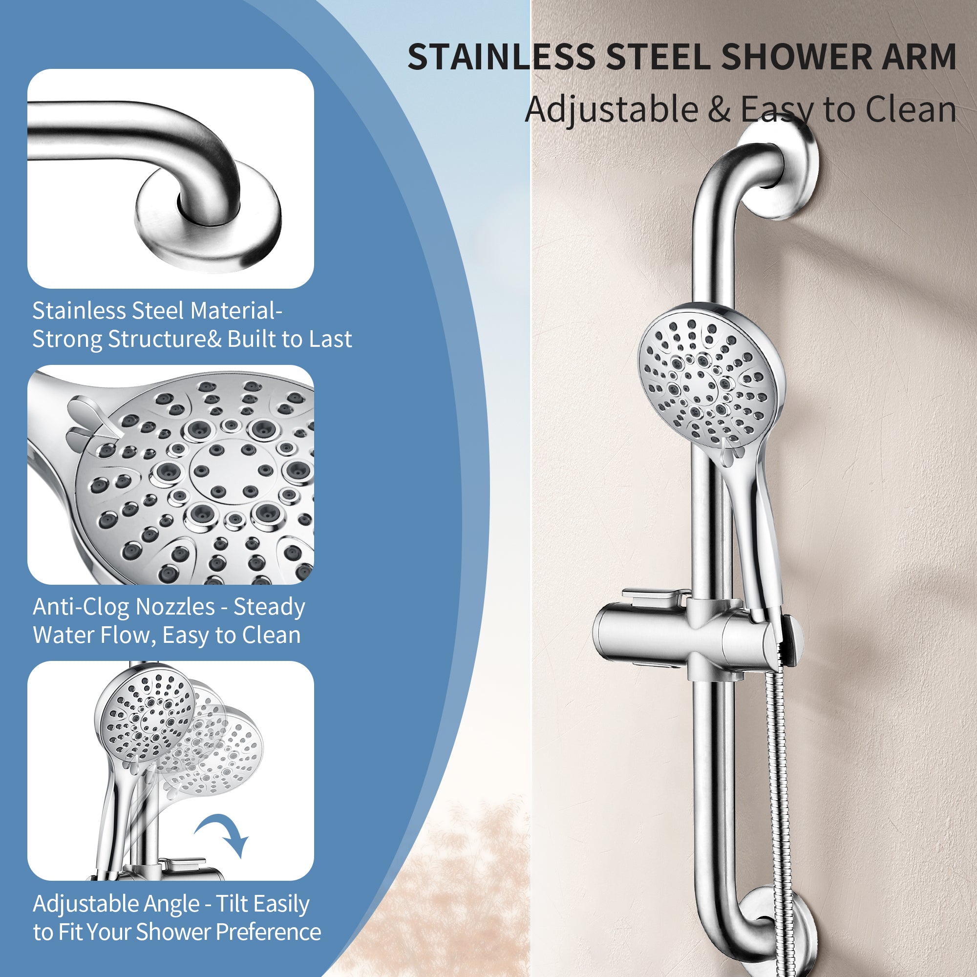 Stainless Steel Slide Bar Grab Rail Set Ada compliant Includes Handheld Shower Head and 79'' Hose