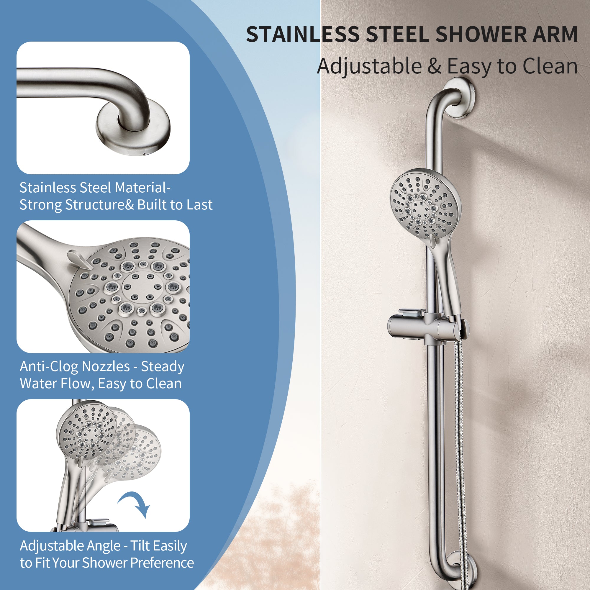 Stainless Steel Slide Bar Grab Rail Set Ada compliant Includes Handheld Shower Head and 79'' Hose