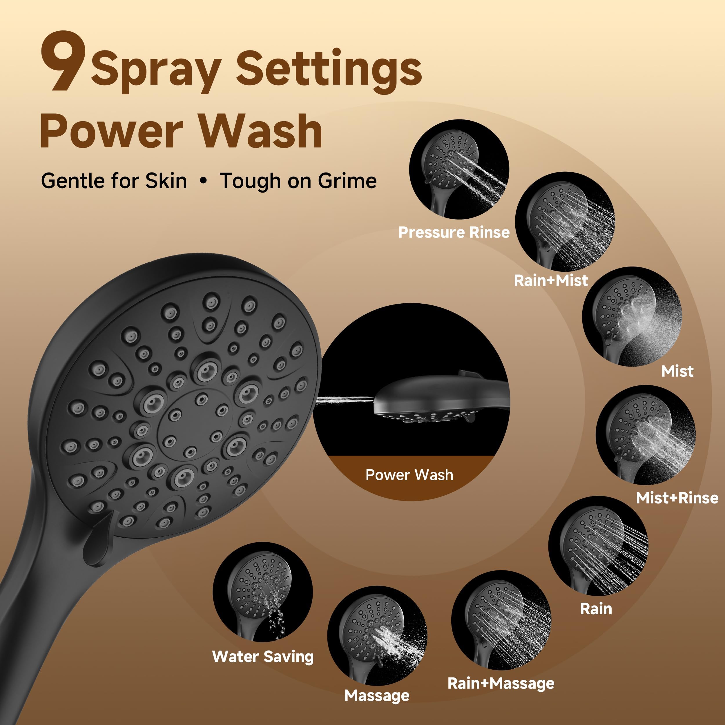 BRIGHT SHOWERS Rain Shower Head with Handheld Spray, High Pressure Dual Shower Head Combo, Adjustable Extension Arm & Slide Bar, 9 Spray Modes Built-in Power Wash, 3-Way Diverter, 69