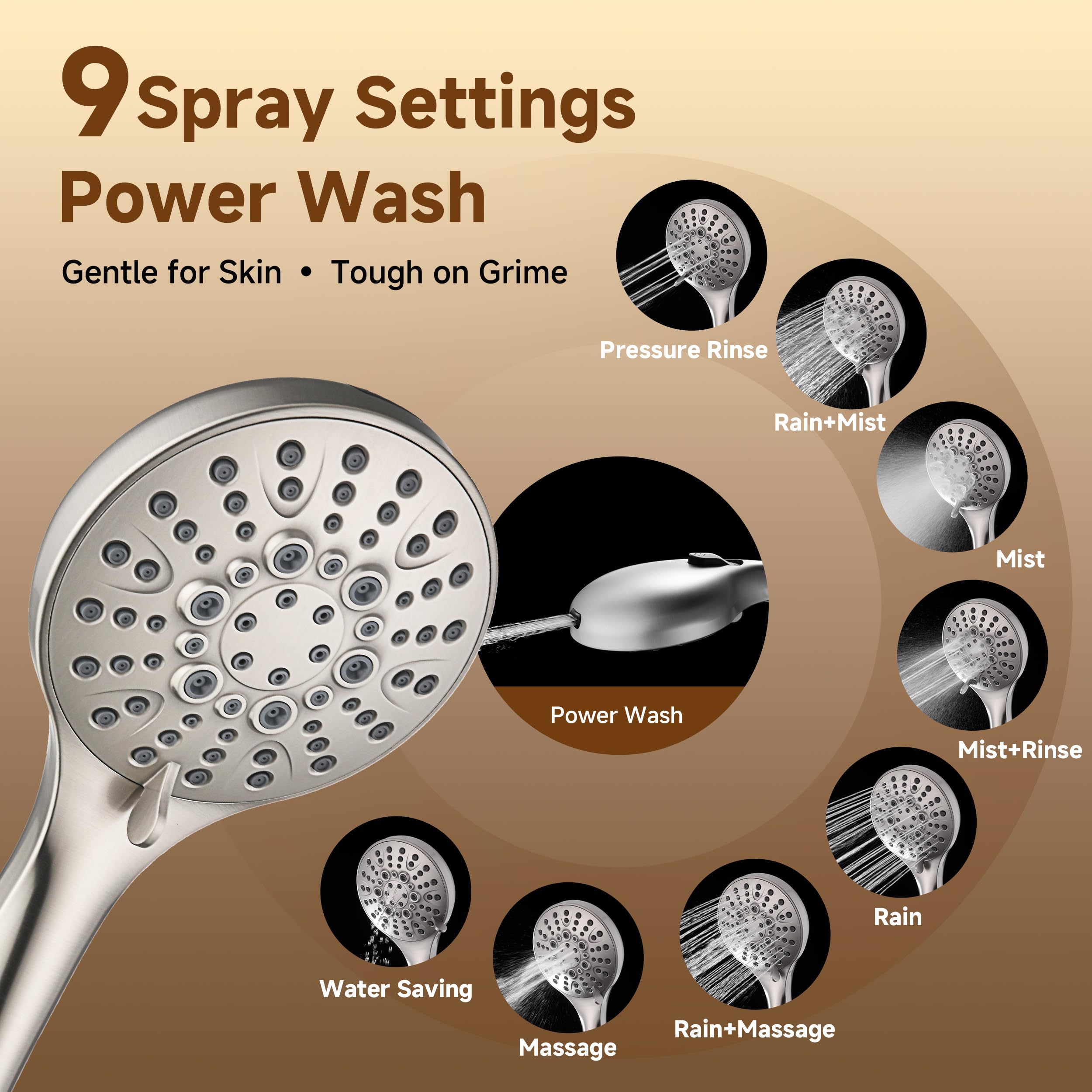 BRIGHT SHOWERS Rain Shower Head with Handheld Spray, High Pressure Dual Shower Head Combo, Adjustable Extension Arm & Slide Bar, 9 Spray Modes Built-in Power Wash, 3-Way Diverter, 69