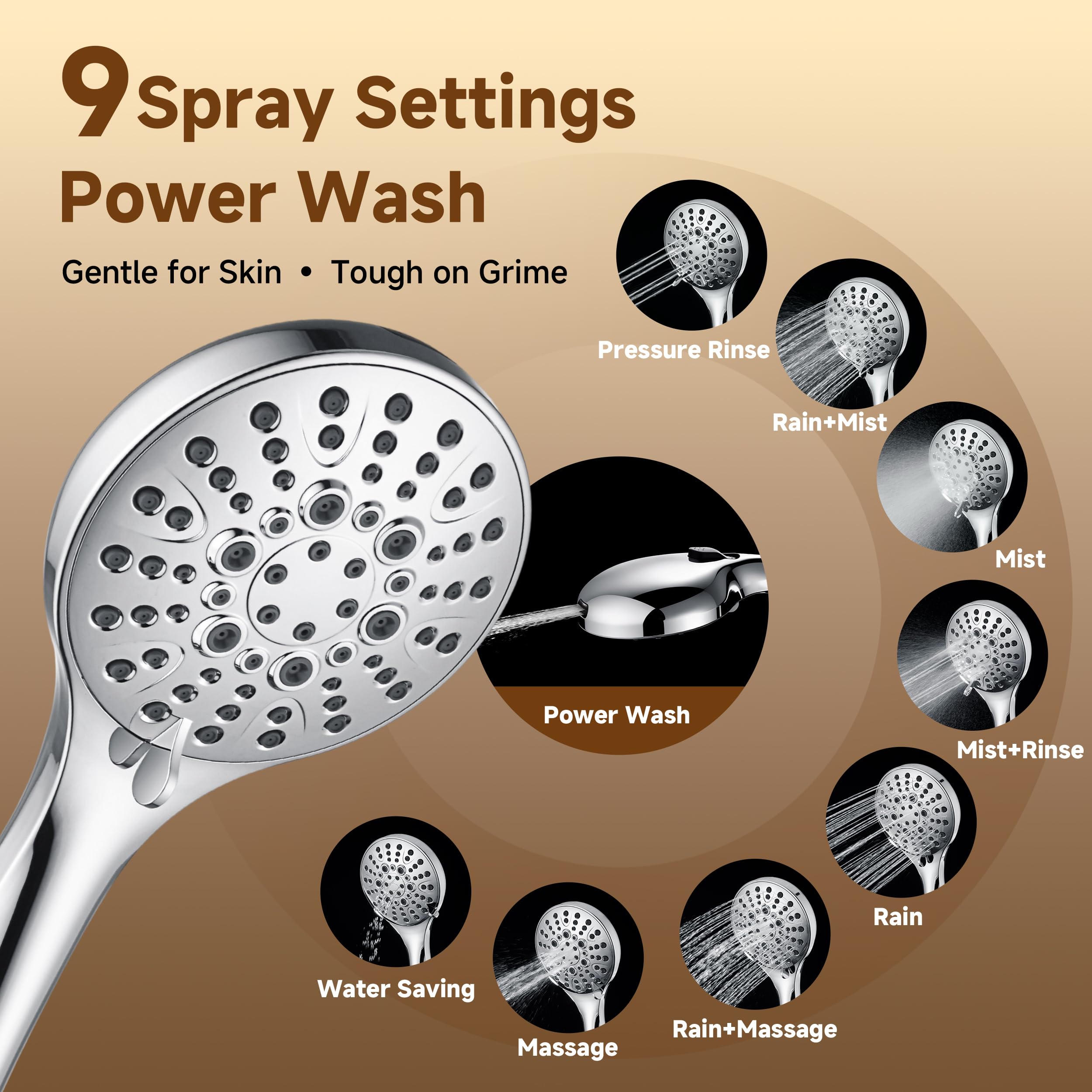 BRIGHT SHOWERS Rain Shower Head with Handheld Spray, High Pressure Dual Shower Head Combo, Adjustable Extension Arm & Slide Bar, 9 Spray Modes Built-in Power Wash, 3-Way Diverter, 69