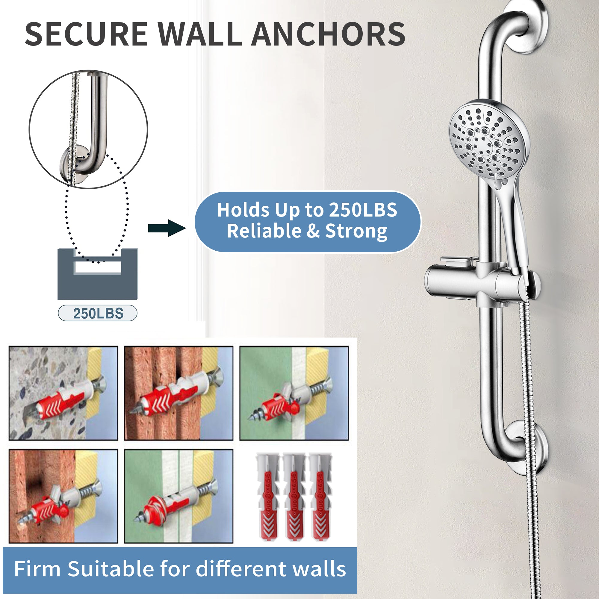 Stainless Steel Slide Bar Grab Rail Set Ada compliant Includes Handheld Shower Head and 79'' Hose