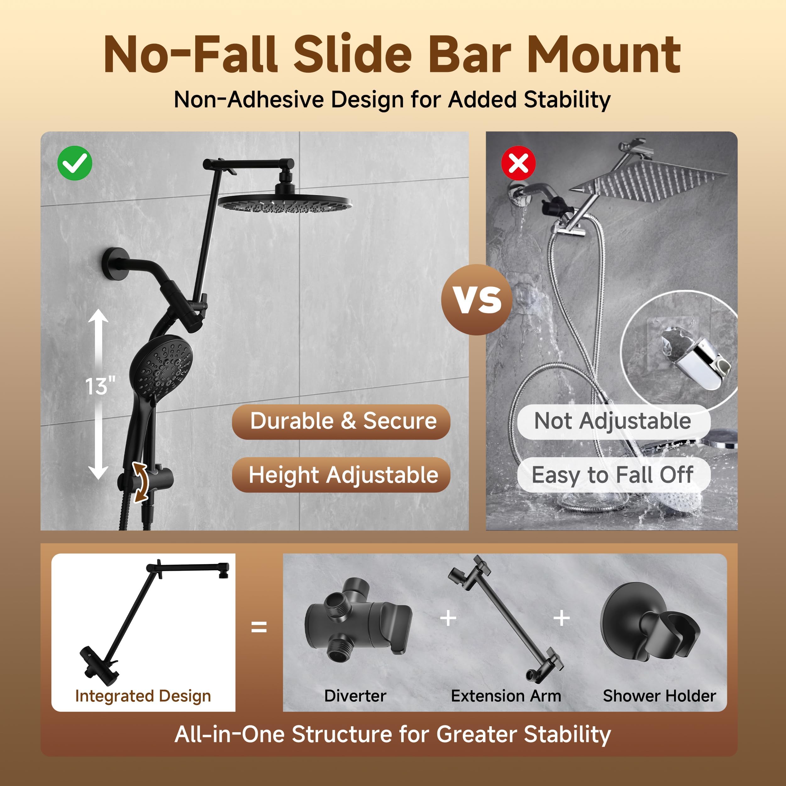 BRIGHT SHOWERS Rain Shower Head with Handheld Spray, High Pressure Dual Shower Head Combo, Adjustable Extension Arm & Slide Bar, 9 Spray Modes Built-in Power Wash, 3-Way Diverter, 69