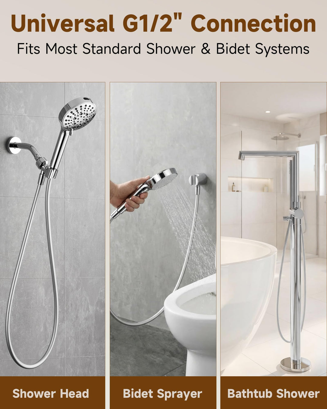 Silicone Handheld Shower Hose Replacement with Brass Connectors, Anti-Kink, G1/2
