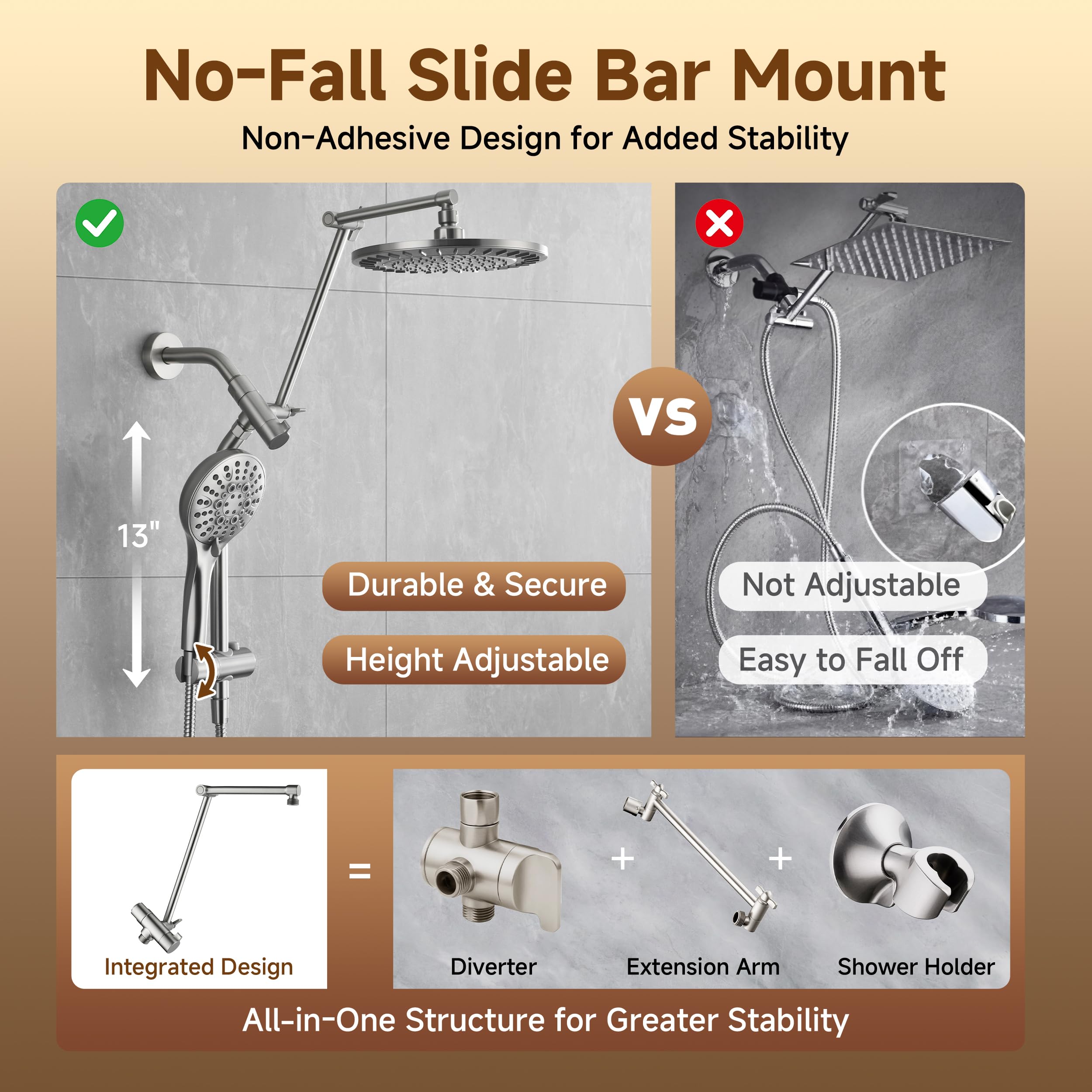 BRIGHT SHOWERS Rain Shower Head with Handheld Spray, High Pressure Dual Shower Head Combo, Adjustable Extension Arm & Slide Bar, 9 Spray Modes Built-in Power Wash, 3-Way Diverter, 69