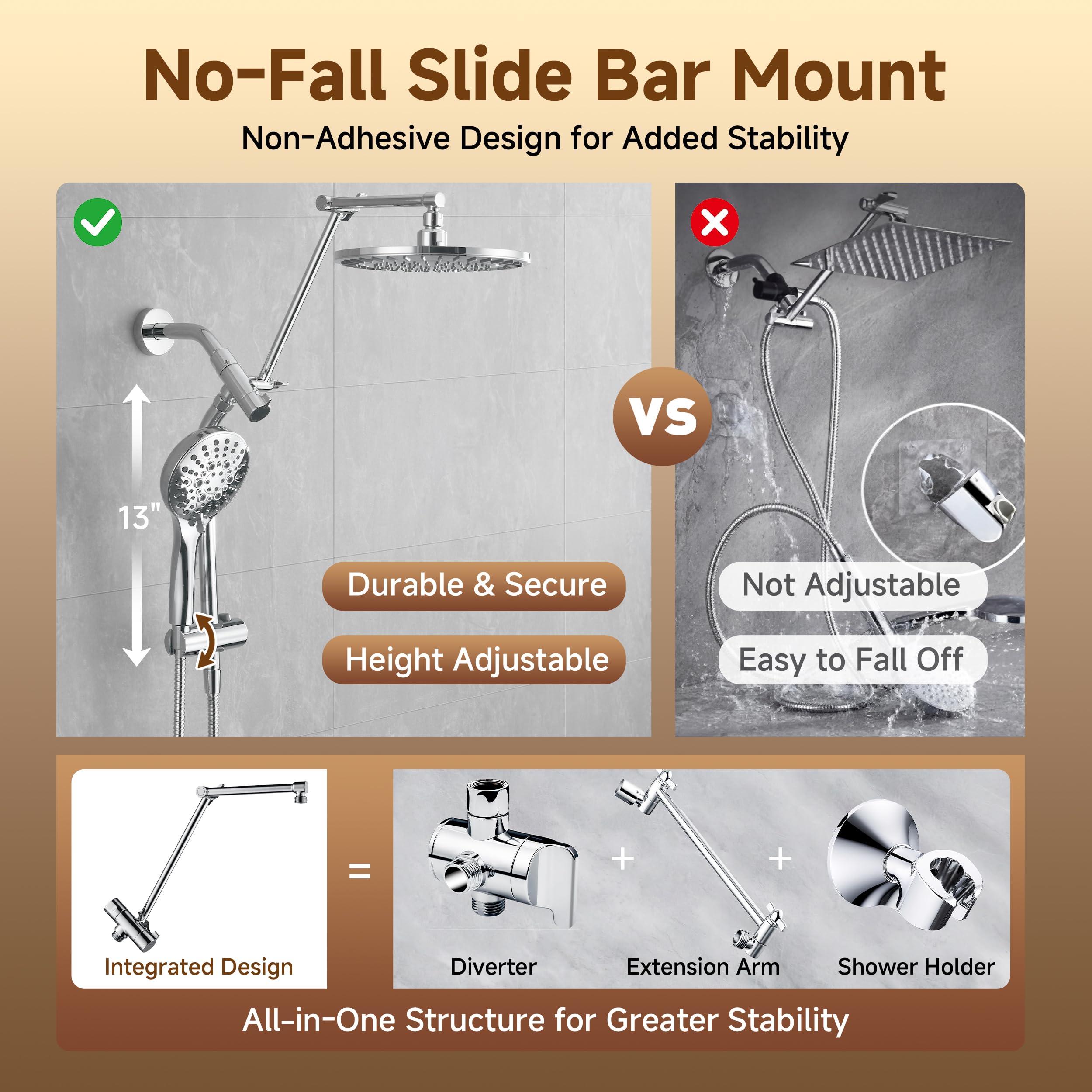 BRIGHT SHOWERS Rain Shower Head with Handheld Spray, High Pressure Dual Shower Head Combo, Adjustable Extension Arm & Slide Bar, 9 Spray Modes Built-in Power Wash, 3-Way Diverter, 69