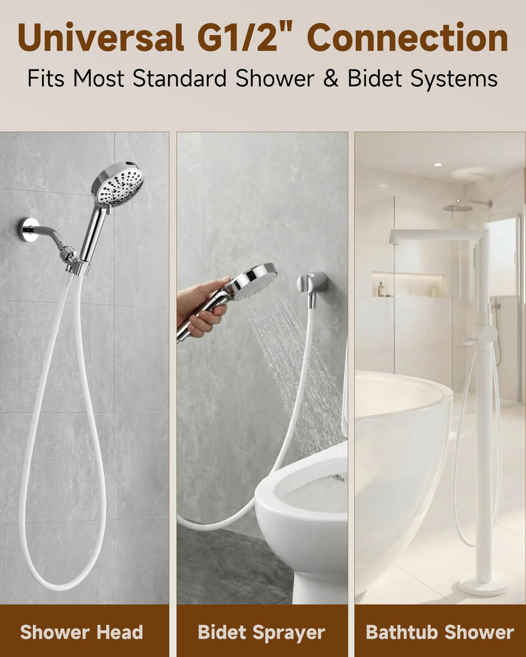 Silicone Handheld Shower Hose Replacement with Brass Connectors, Anti-Kink, G1/2