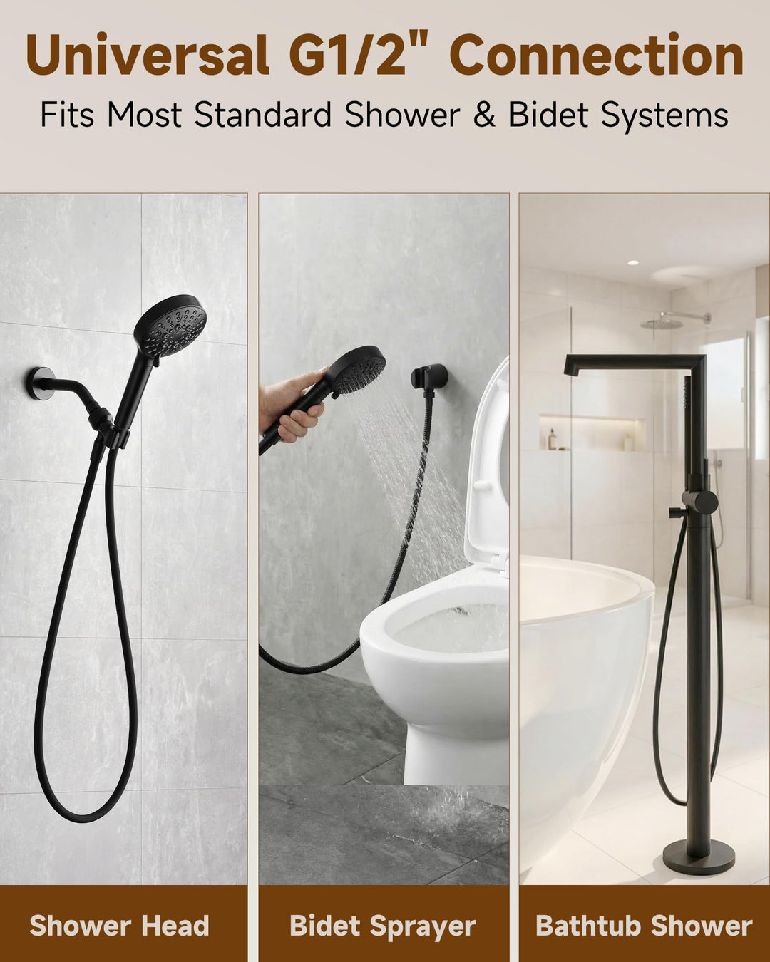 Silicone Handheld Shower Hose Replacement with Brass Connectors, Anti-Kink, G1/2