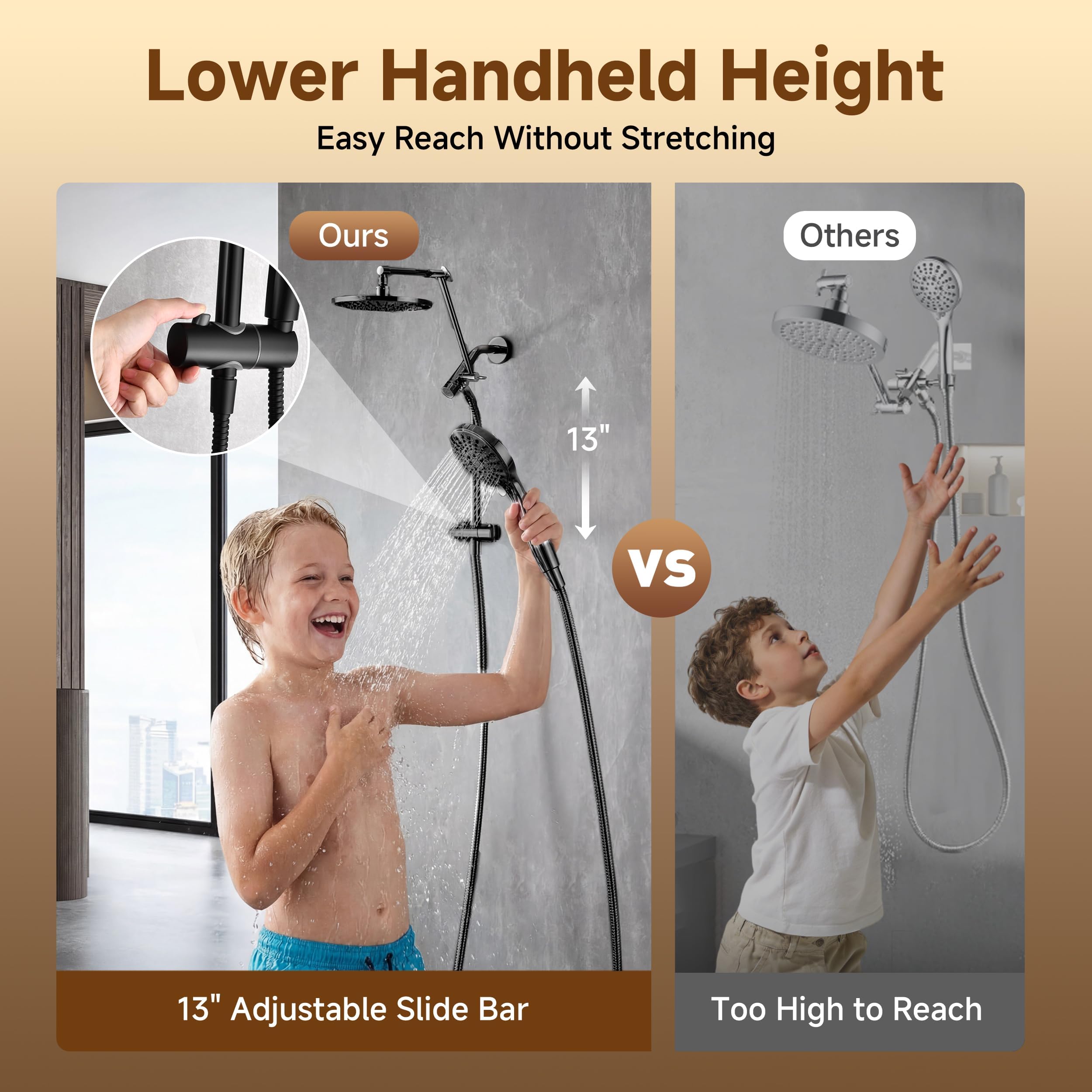 BRIGHT SHOWERS Rain Shower Head with Handheld Spray, High Pressure Dual Shower Head Combo, Adjustable Extension Arm & Slide Bar, 9 Spray Modes Built-in Power Wash, 3-Way Diverter, 69