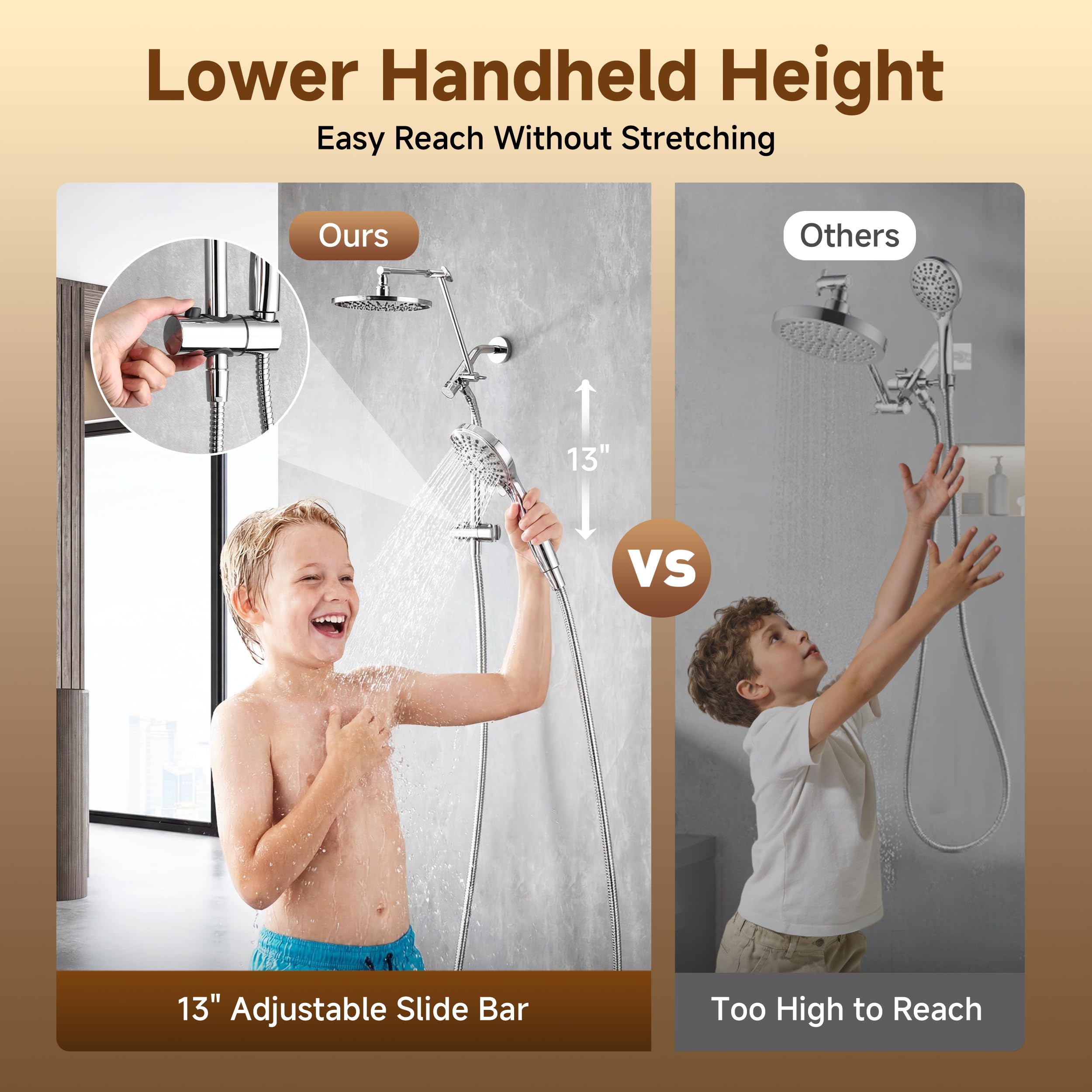 BRIGHT SHOWERS Rain Shower Head with Handheld Spray, High Pressure Dual Shower Head Combo, Adjustable Extension Arm & Slide Bar, 9 Spray Modes Built-in Power Wash, 3-Way Diverter, 69