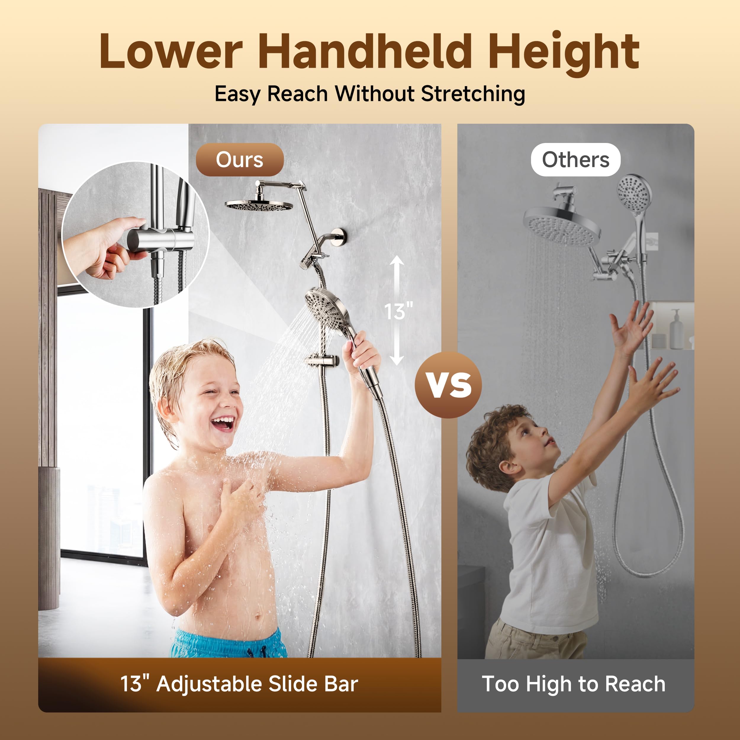 BRIGHT SHOWERS Rain Shower Head with Handheld Spray, High Pressure Dual Shower Head Combo, Adjustable Extension Arm & Slide Bar, 9 Spray Modes Built-in Power Wash, 3-Way Diverter, 69
