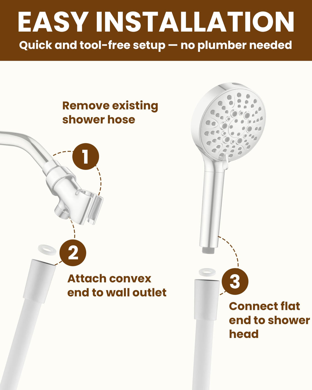 Silicone Handheld Shower Hose Replacement with Brass Connectors, Anti-Kink, G1/2