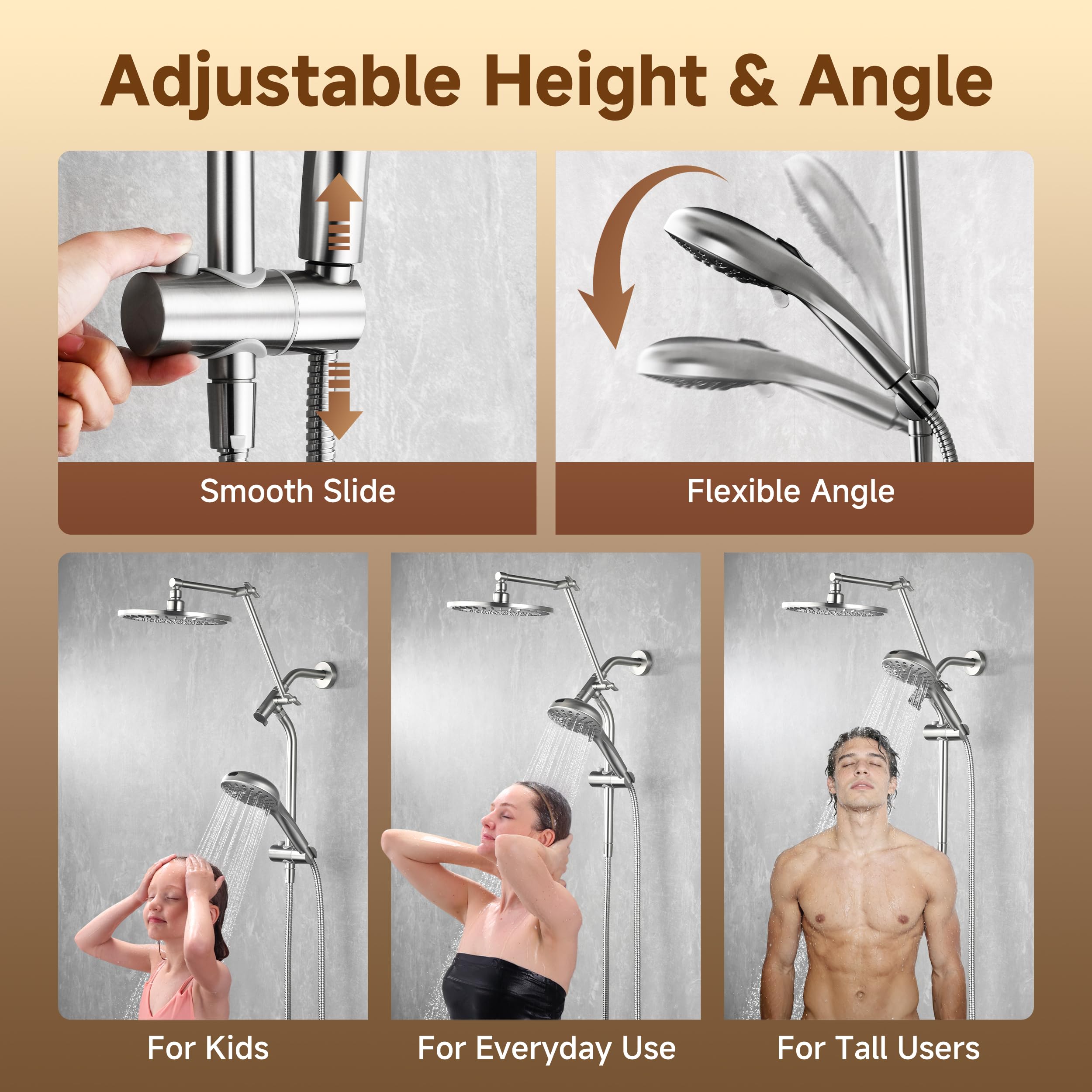 BRIGHT SHOWERS Rain Shower Head with Handheld Spray, High Pressure Dual Shower Head Combo, Adjustable Extension Arm & Slide Bar, 9 Spray Modes Built-in Power Wash, 3-Way Diverter, 69