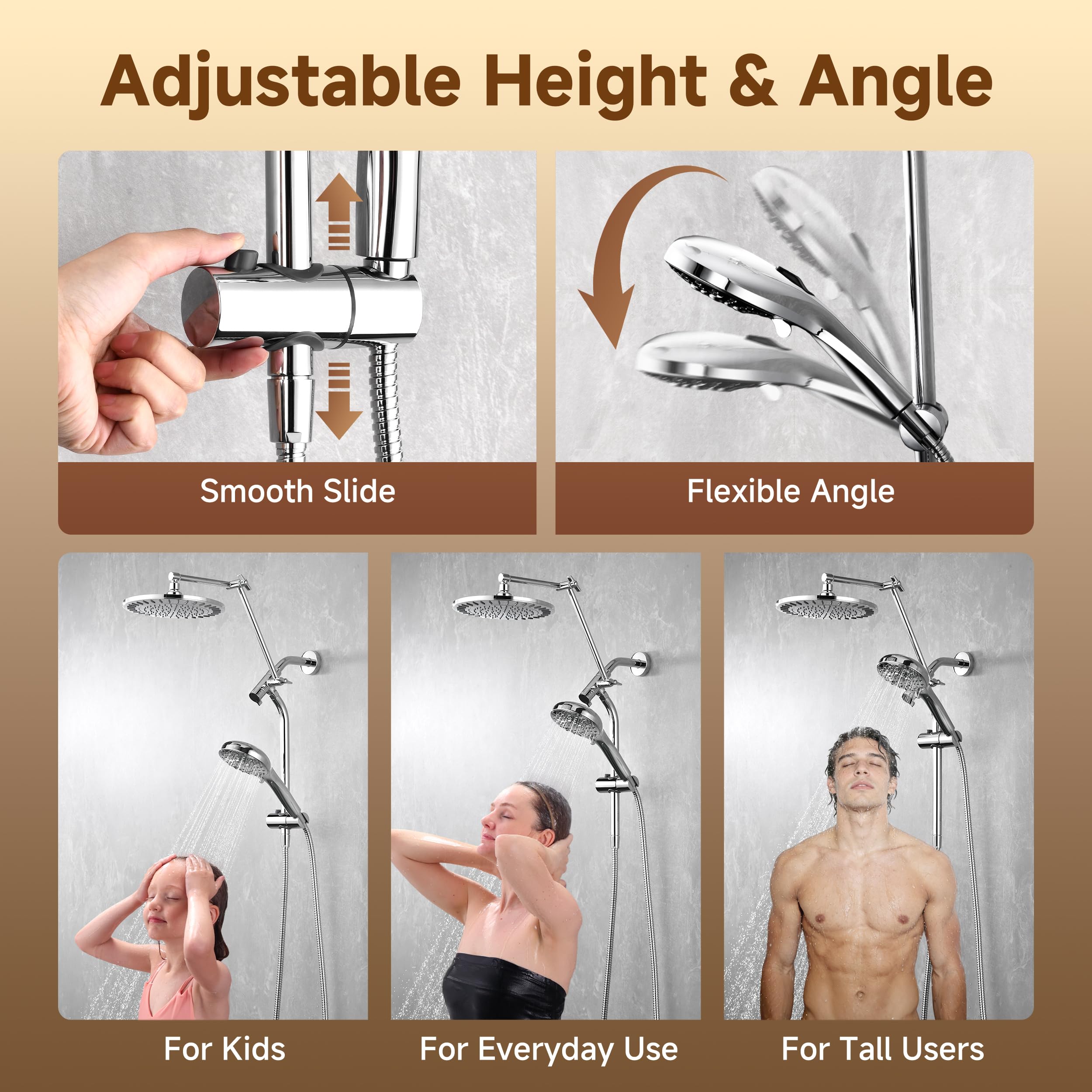 BRIGHT SHOWERS Rain Shower Head with Handheld Spray, High Pressure Dual Shower Head Combo, Adjustable Extension Arm & Slide Bar, 9 Spray Modes Built-in Power Wash, 3-Way Diverter, 69