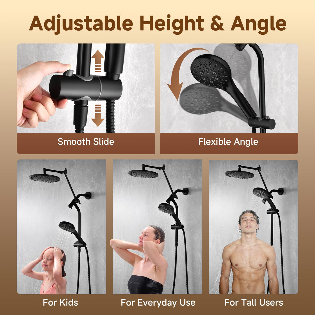 Dual Rain Shower System with Handheld, 9 Spray Modes, 69" Hose - Matte Black