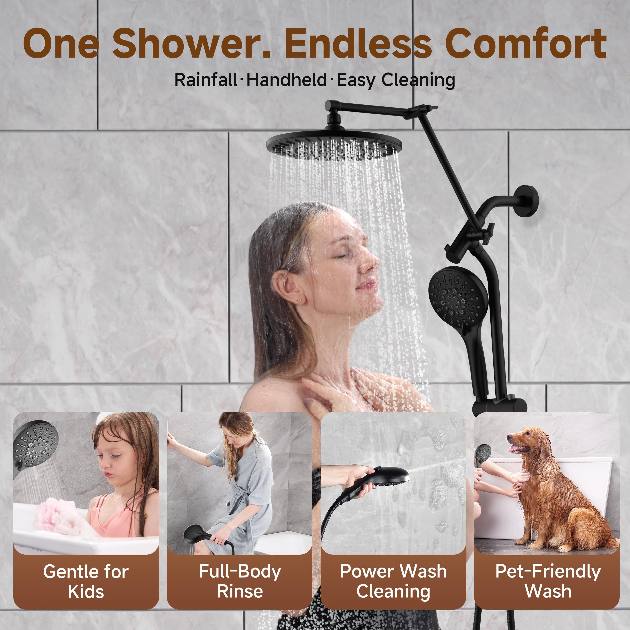 BRIGHT SHOWERS Rain Shower Head with Handheld Spray, High Pressure Dual Shower Head Combo, Adjustable Extension Arm & Slide Bar, 9 Spray Modes Built-in Power Wash, 3-Way Diverter, 69
