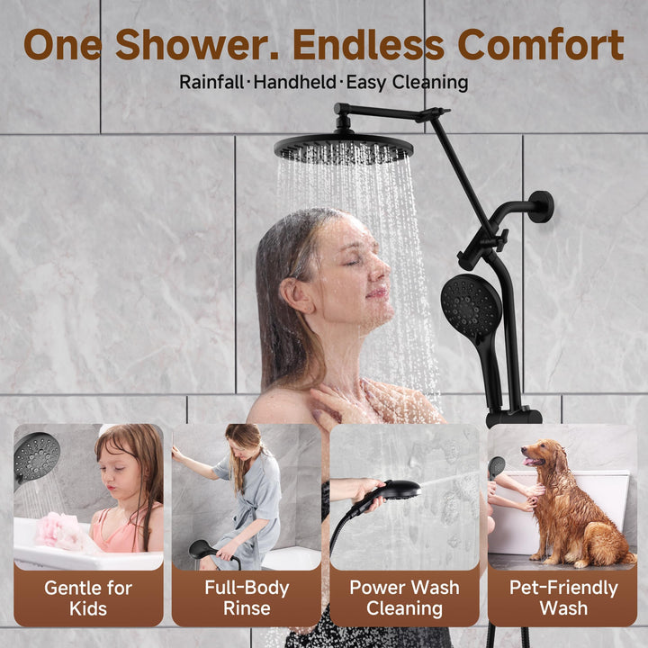 Dual Rain Shower System with Handheld, 9 Spray Modes, 69" Hose - Matte Black
