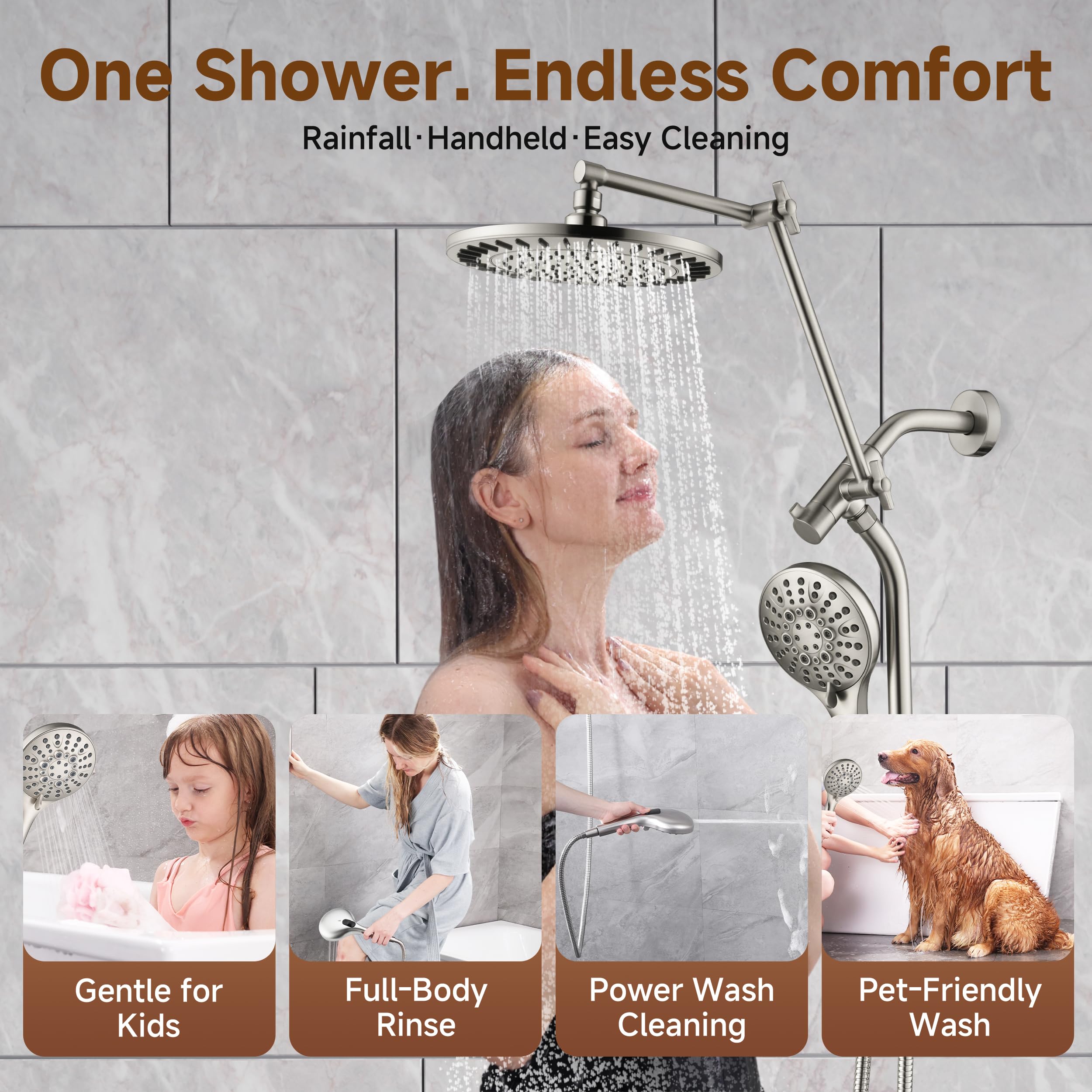 BRIGHT SHOWERS Rain Shower Head with Handheld Spray, High Pressure Dual Shower Head Combo, Adjustable Extension Arm & Slide Bar, 9 Spray Modes Built-in Power Wash, 3-Way Diverter, 69