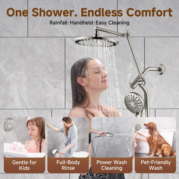 Dual Rain Shower System with Handheld, 9 Spray Modes, 69" Hose - Brushed Nickel