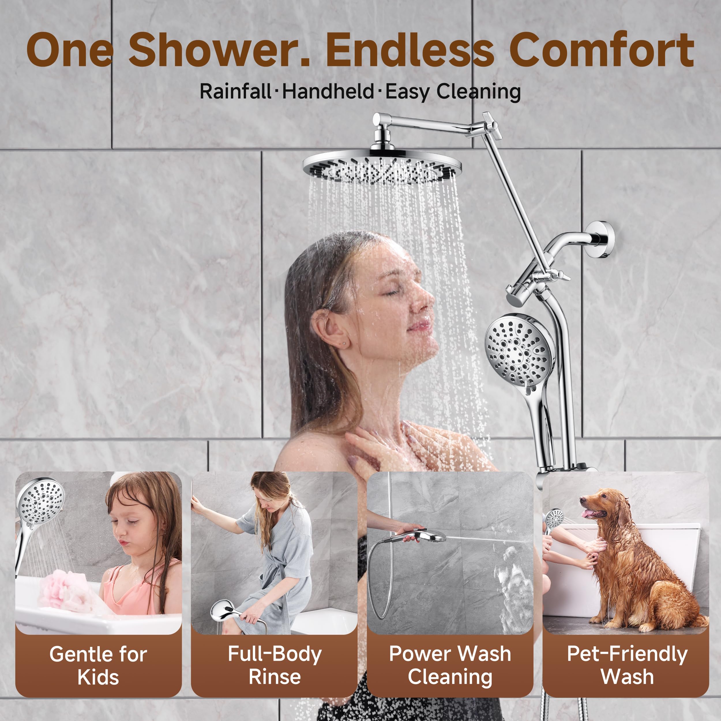 BRIGHT SHOWERS Rain Shower Head with Handheld Spray, High Pressure Dual Shower Head Combo, Adjustable Extension Arm & Slide Bar, 9 Spray Modes Built-in Power Wash, 3-Way Diverter, 69