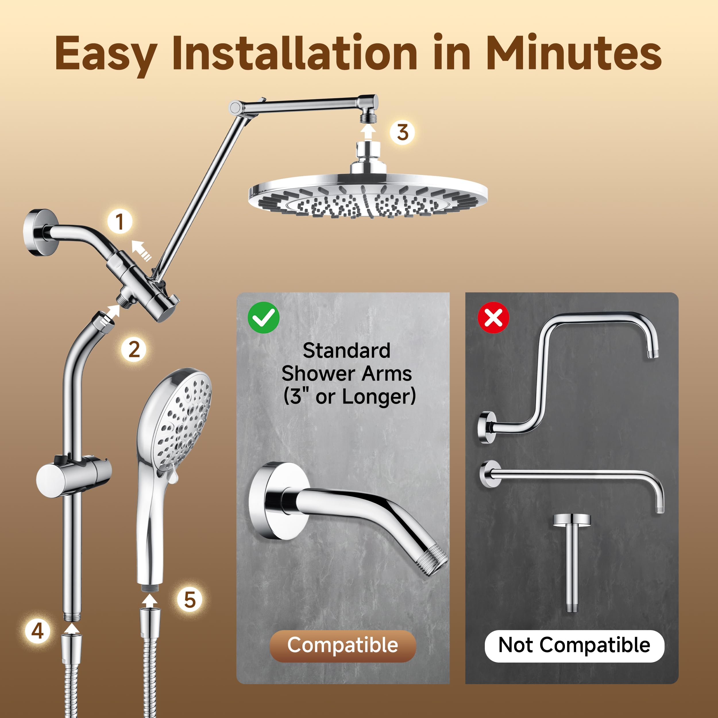 BRIGHT SHOWERS Rain Shower Head with Handheld Spray, High Pressure Dual Shower Head Combo, Adjustable Extension Arm & Slide Bar, 9 Spray Modes Built-in Power Wash, 3-Way Diverter, 69