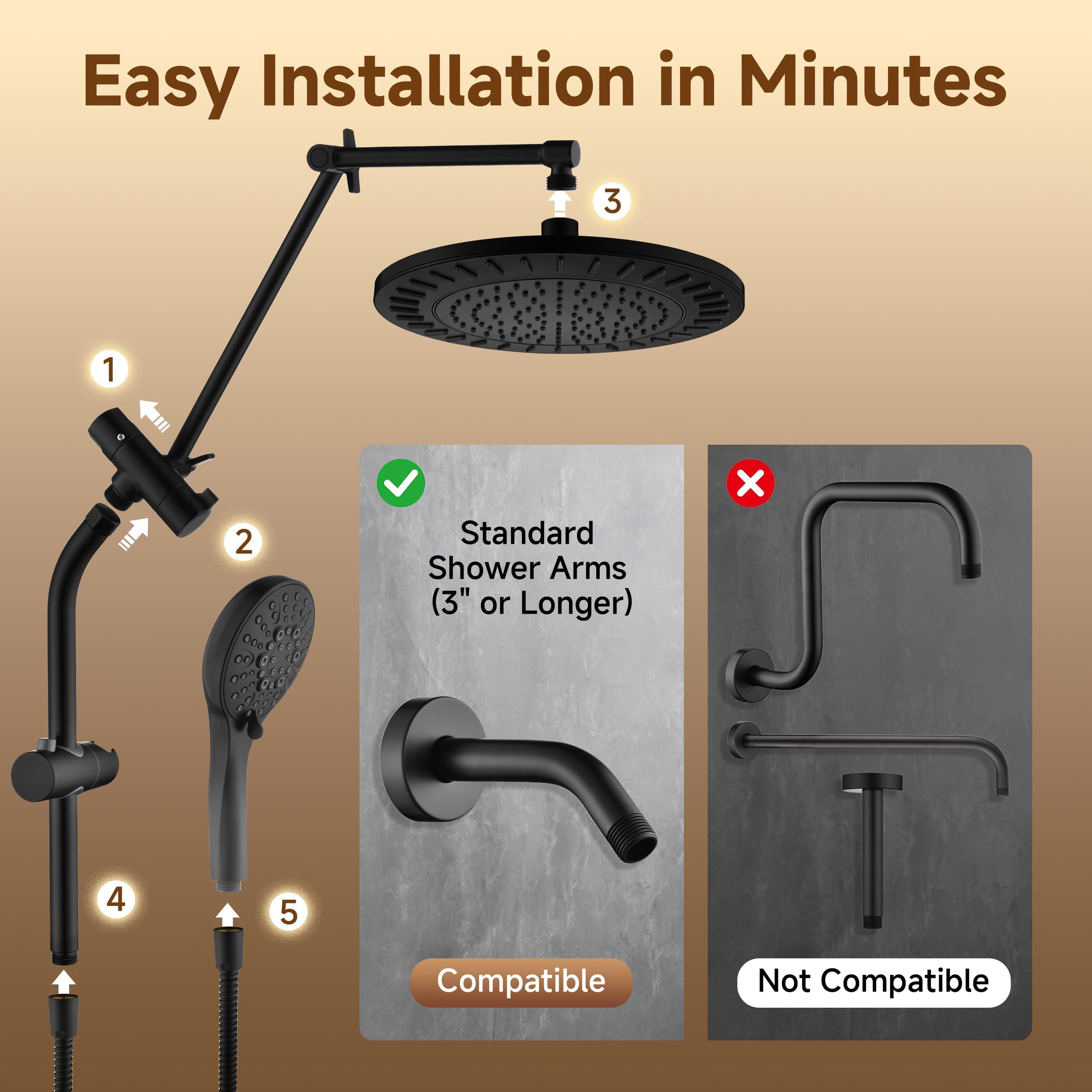 BRIGHT SHOWERS Rain Shower Head with Handheld Spray, High Pressure Dual Shower Head Combo, Adjustable Extension Arm & Slide Bar, 9 Spray Modes Built-in Power Wash, 3-Way Diverter, 69