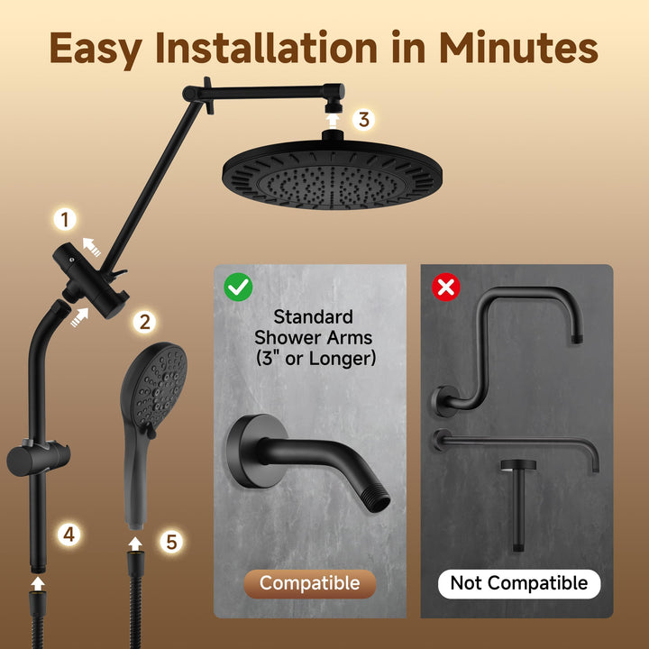 Dual Rain Shower System with Handheld, 9 Spray Modes, 69" Hose - Matte Black