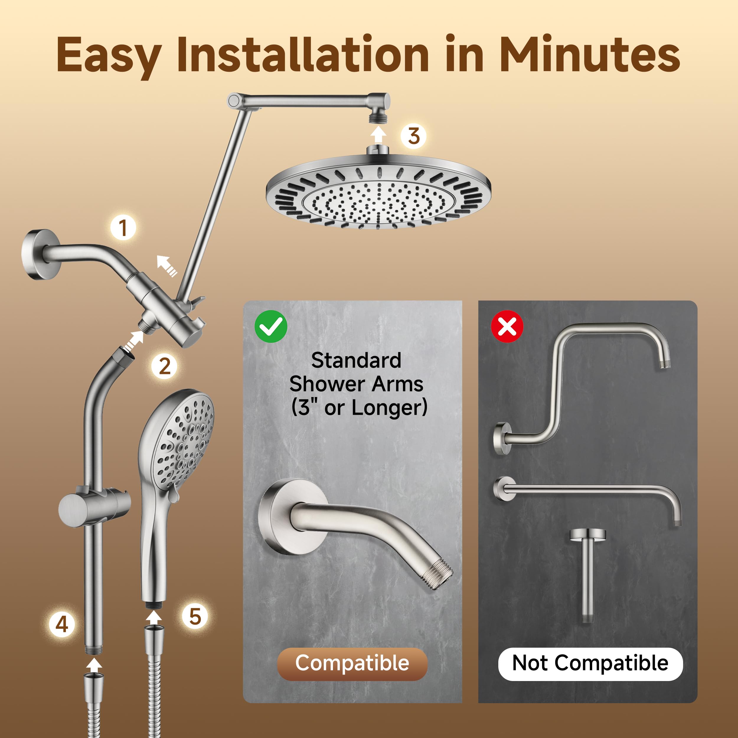 BRIGHT SHOWERS Rain Shower Head with Handheld Spray, High Pressure Dual Shower Head Combo, Adjustable Extension Arm & Slide Bar, 9 Spray Modes Built-in Power Wash, 3-Way Diverter, 69