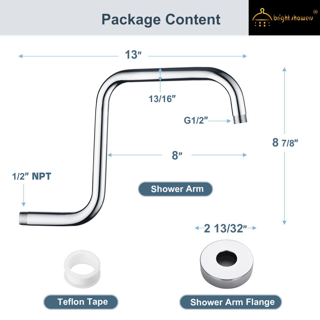 Shower Head Extension Arm with Flange S Shaped High Rise Extender,13 Inch - brightshowers