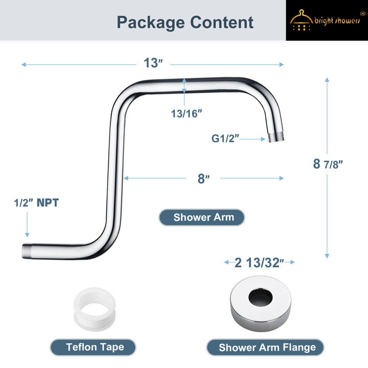 Shower Head Extension Arm with Flange S Shaped High Rise Extender,13 Inch - brightshowers