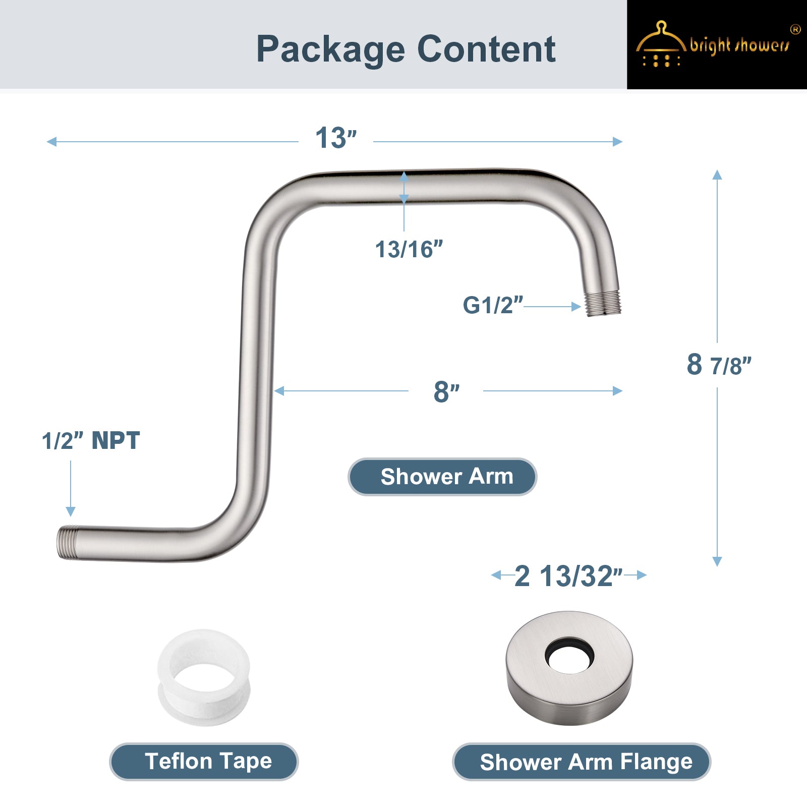 Shower Head Extension Arm with Flange S Shaped High Rise Extender,13 Inch - brightshowers
