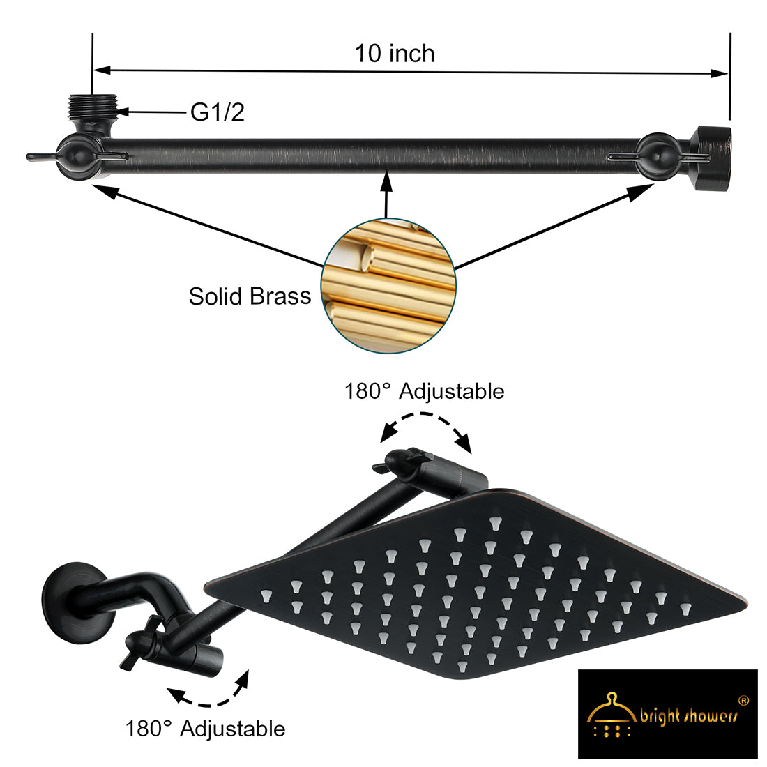 8 Inch High Pressure Rainfall Showerhead with 10 Inch Adjustable Extension Arm - brightshowers