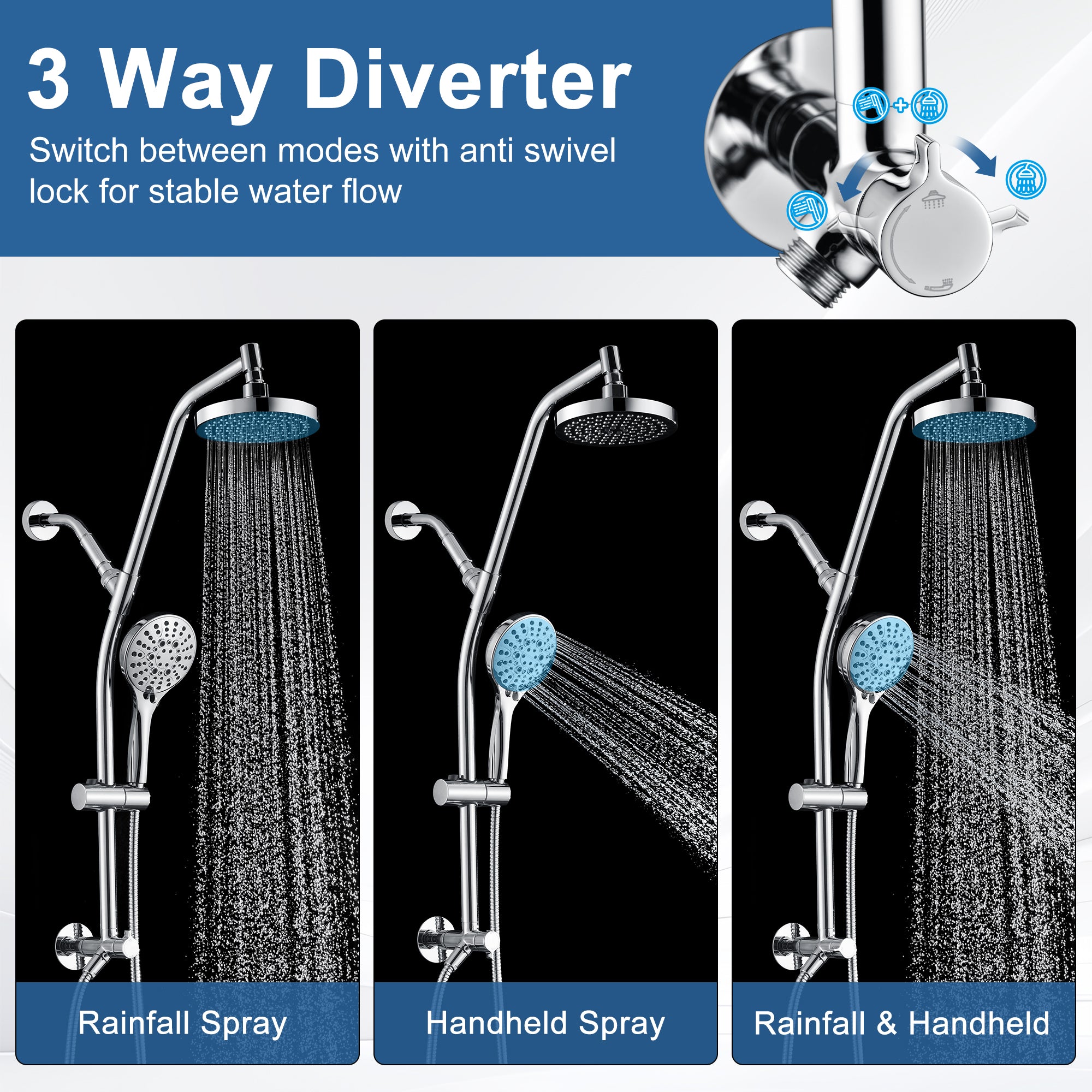 BRIGHT SHOWERS Rain Shower Head with Handheld Combo, Dual Shower System with Slide Bar, Rain Shower System, Adjustable Height, Brass Slide Bar & Diverter, 60 Inch Stainless Steel Hose
