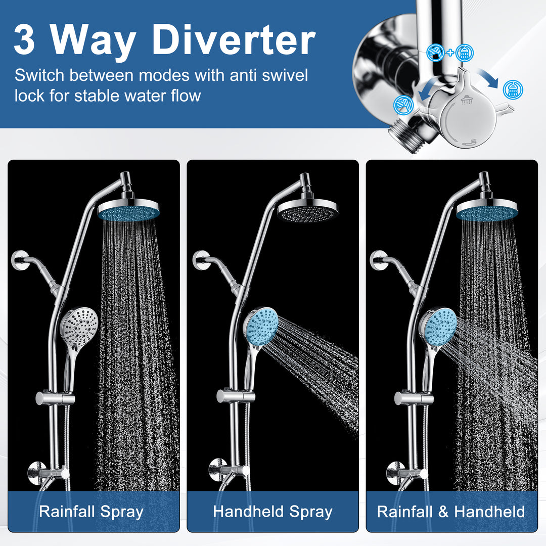 BRIGHT SHOWERS Rain Shower Head with Handheld Combo, Dual Shower System with Slide Bar, Rain Shower System, Adjustable Height, Brass Slide Bar & Diverter, 60 Inch Stainless Steel Hose