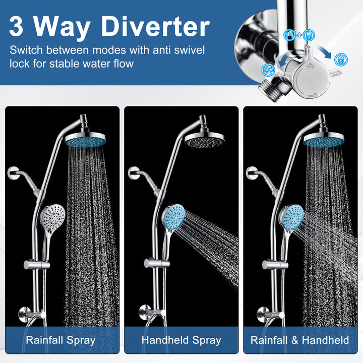 BRIGHT SHOWERS Rain Shower Head with Handheld Combo, Dual Shower System with Slide Bar, Rain Shower System, Adjustable Height, Brass Slide Bar & Diverter, 60 Inch Stainless Steel Hose