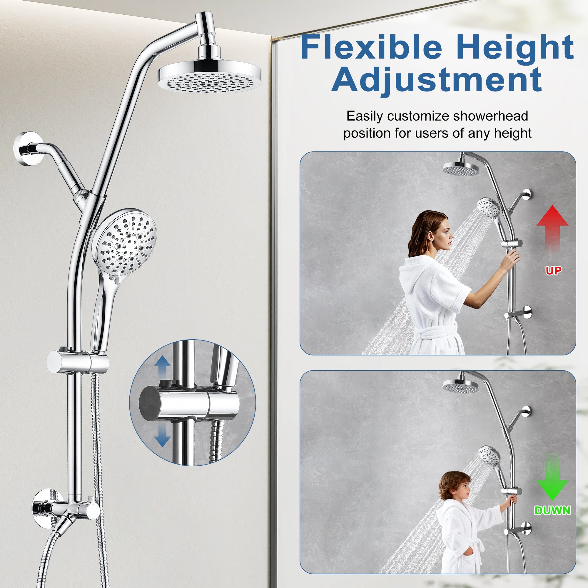 BRIGHT SHOWERS Rain Shower Head with Handheld Combo, Dual Shower System with Slide Bar, Rain Shower System, Adjustable Height, Brass Slide Bar & Diverter, 60 Inch Stainless Steel Hose