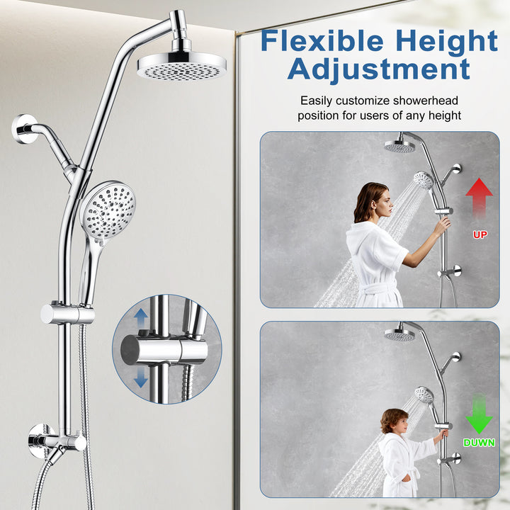 BRIGHT SHOWERS Rain Shower Head with Handheld Combo, Dual Shower System with Slide Bar, Rain Shower System, Adjustable Height, Brass Slide Bar & Diverter, 60 Inch Stainless Steel Hose