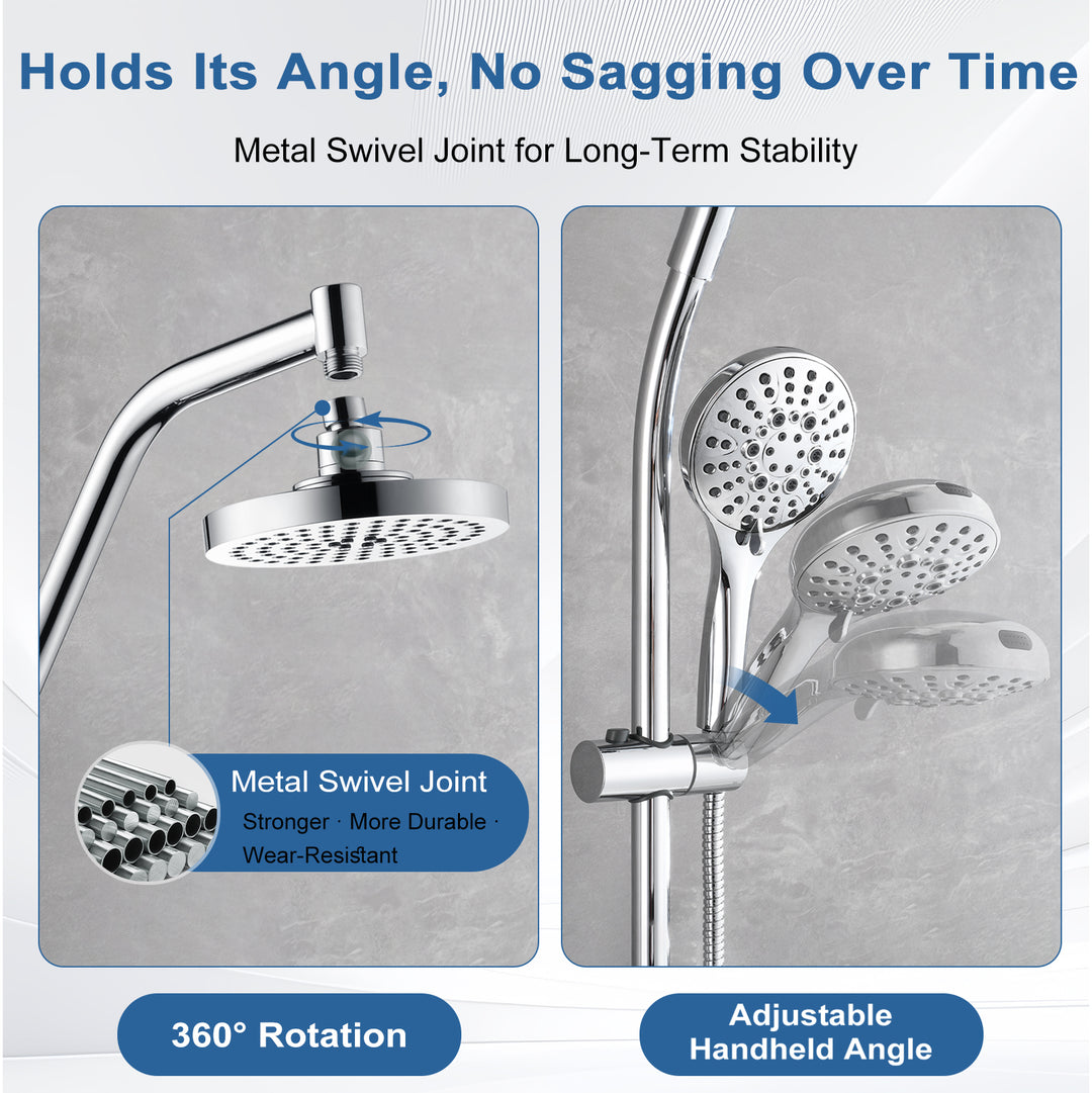 BRIGHT SHOWERS Rain Shower Head with Handheld Combo, Dual Shower System with Slide Bar, Rain Shower System, Adjustable Height, Brass Slide Bar & Diverter, 60 Inch Stainless Steel Hose