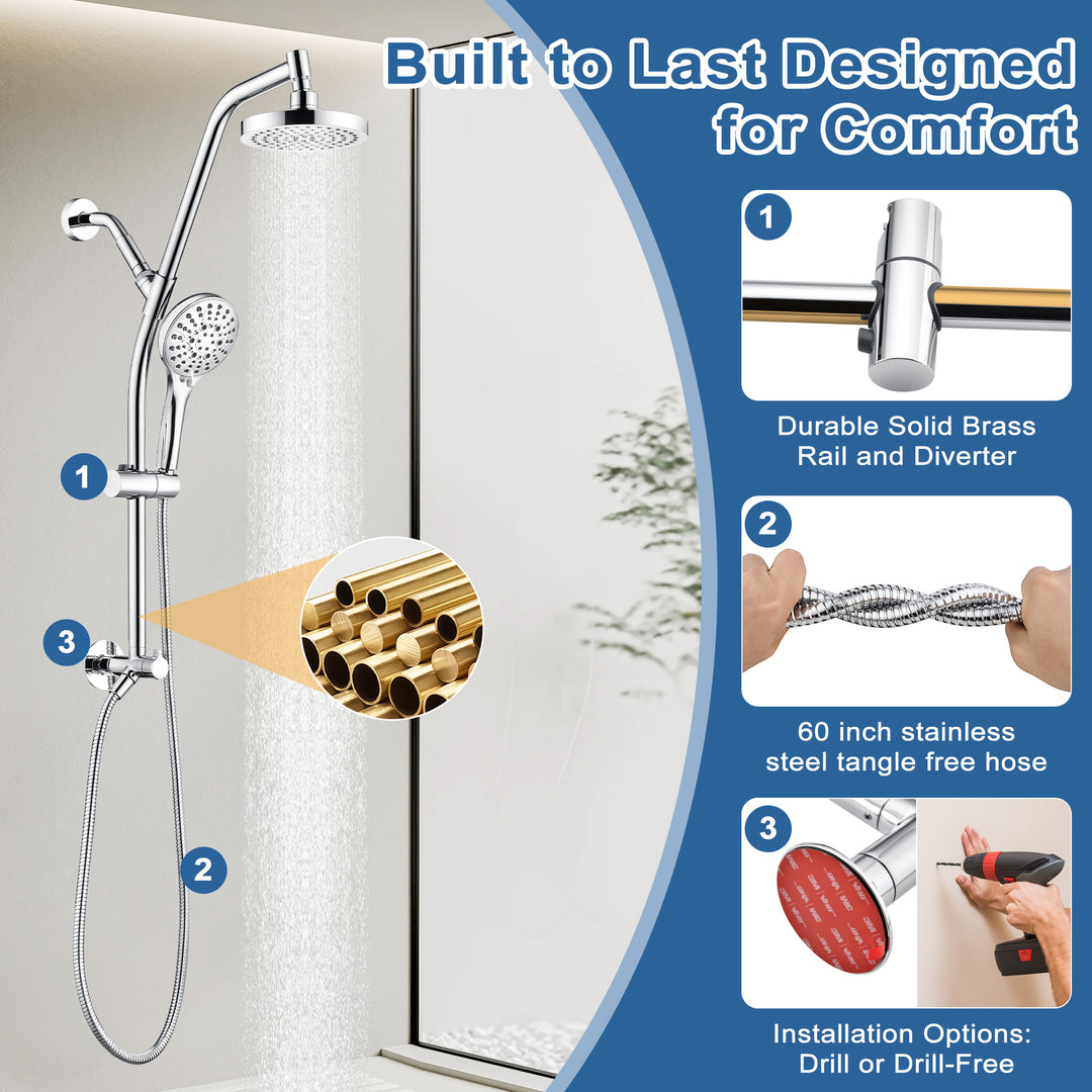 BRIGHT SHOWERS Rain Shower Head with Handheld Combo, Dual Shower System with Slide Bar, Rain Shower System, Adjustable Height, Brass Slide Bar & Diverter, 60 Inch Stainless Steel Hose