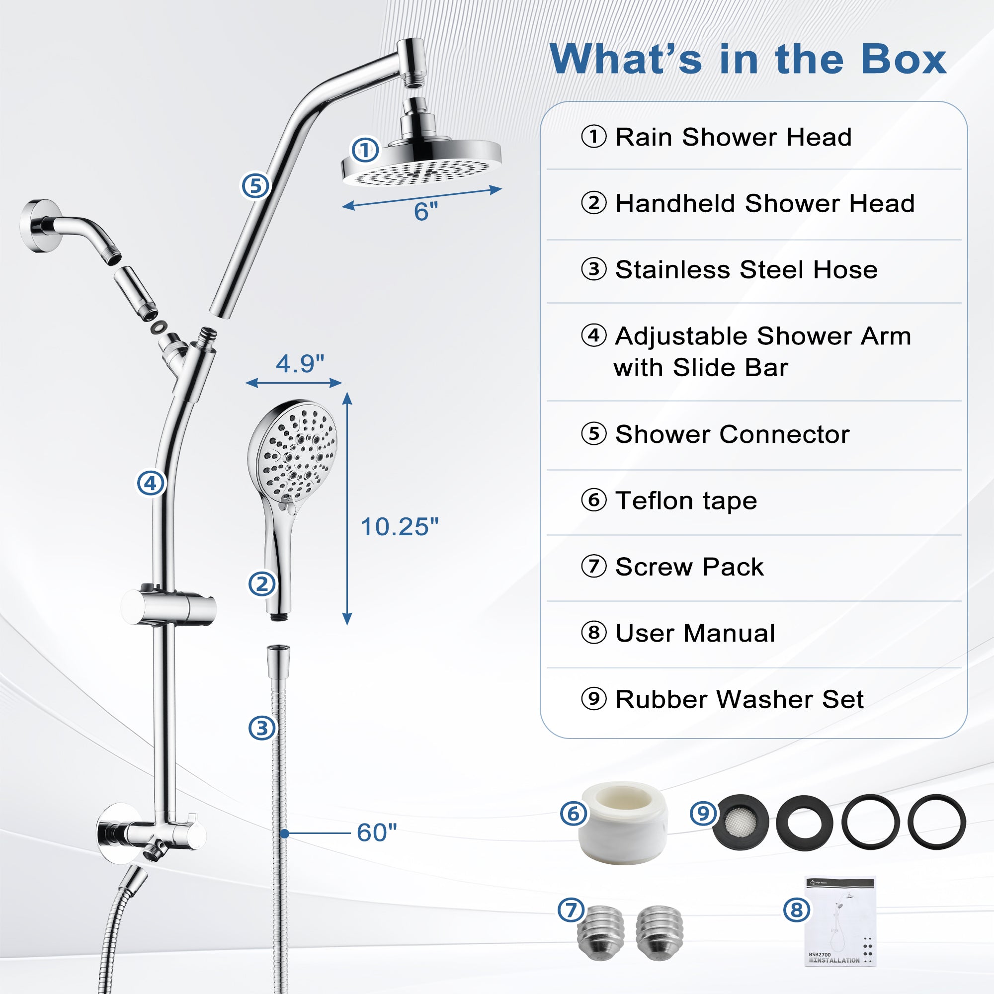 BRIGHT SHOWERS Rain Shower Head with Handheld Combo, Dual Shower System with Slide Bar, Rain Shower System, Adjustable Height, Brass Slide Bar & Diverter, 60 Inch Stainless Steel Hose