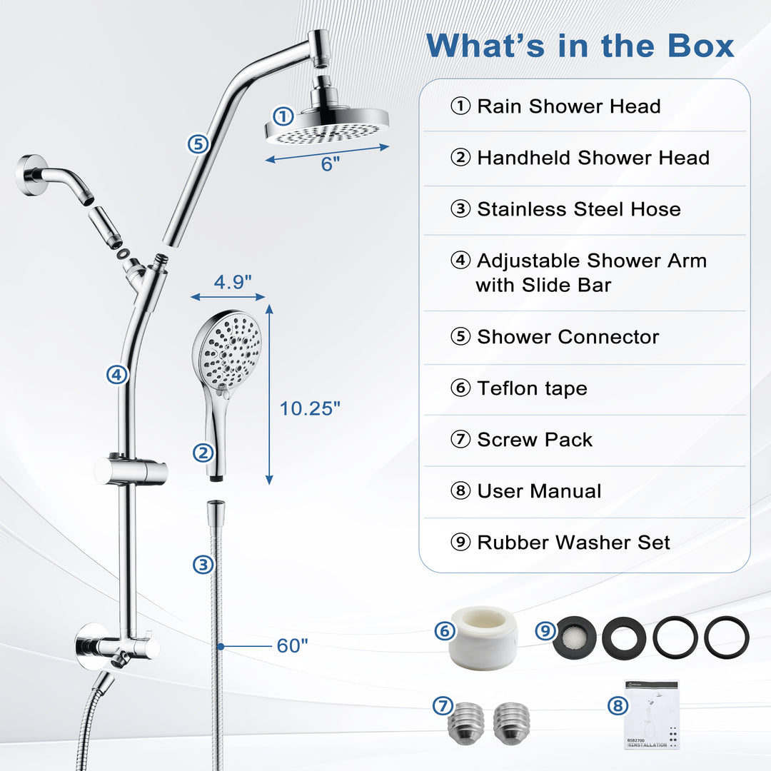 BRIGHT SHOWERS Rain Shower Head with Handheld Combo, Dual Shower System with Slide Bar, Rain Shower System, Adjustable Height, Brass Slide Bar & Diverter, 60 Inch Stainless Steel Hose