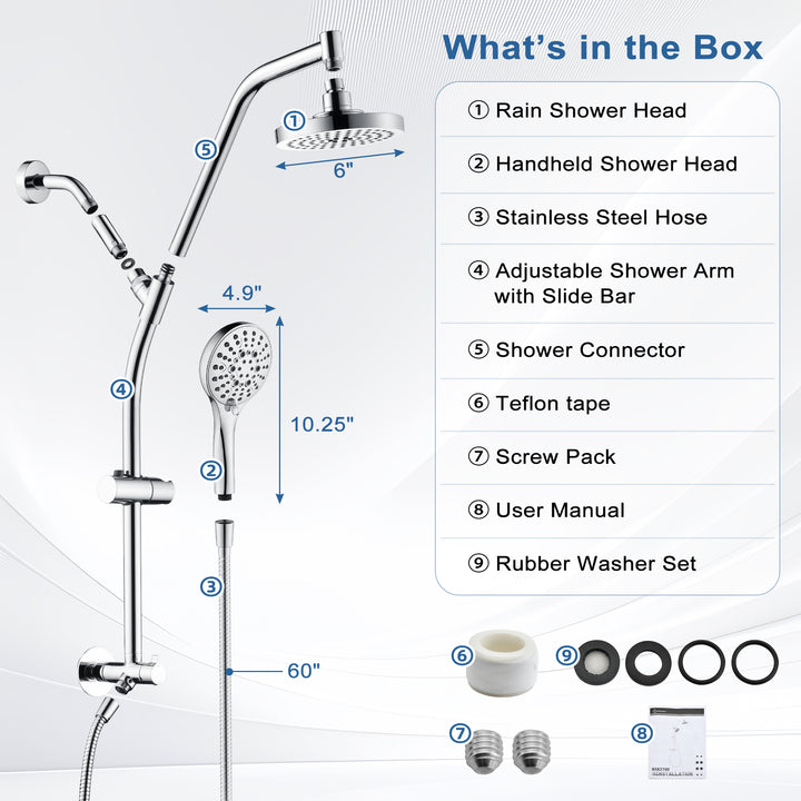 BRIGHT SHOWERS Rain Shower Head with Handheld Combo, Dual Shower System with Slide Bar, Rain Shower System, Adjustable Height, Brass Slide Bar & Diverter, 60 Inch Stainless Steel Hose