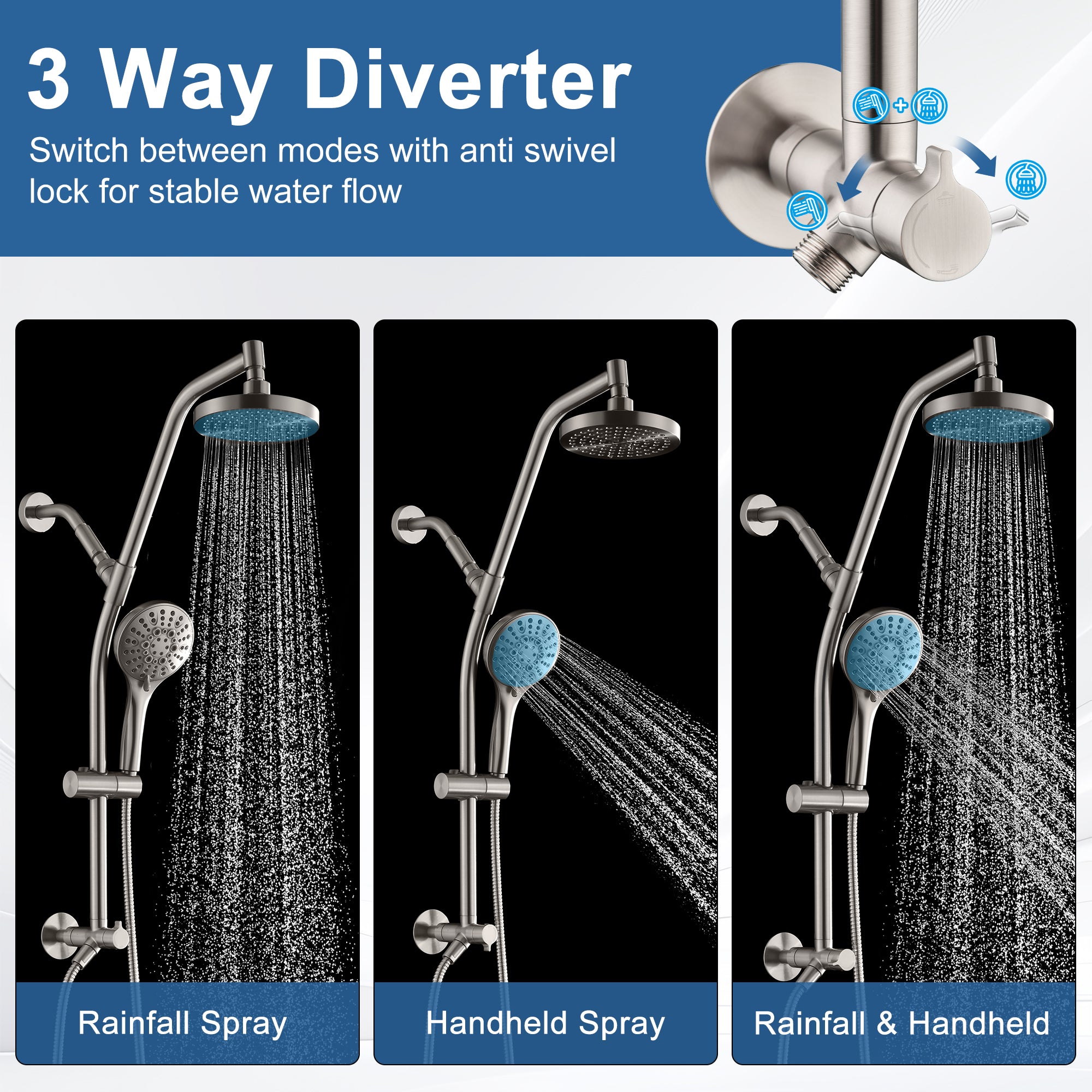 BRIGHT SHOWERS Rain Shower Head with Handheld Combo, Dual Shower System with Slide Bar, Rain Shower System, Adjustable Height, Brass Slide Bar & Diverter, 60 Inch Stainless Steel Hose